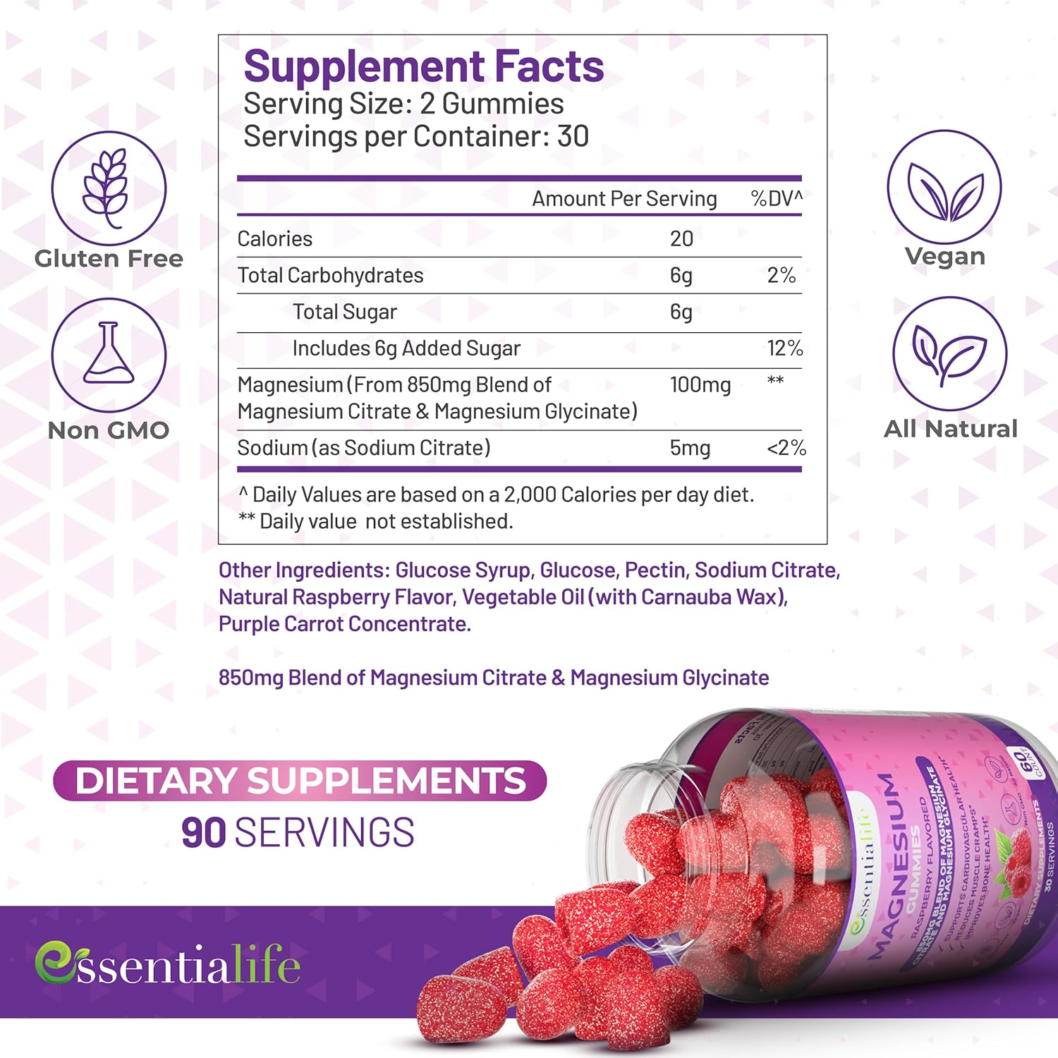 Magnesium Gummies 3 Packs Essentialife 100mg Per Serving - Blend of Magnesium Citrate & Magnesium Glycinate - Supports Digestion - Stay Calm & Wake Up Energized with Magnesium Supplements for Sleep