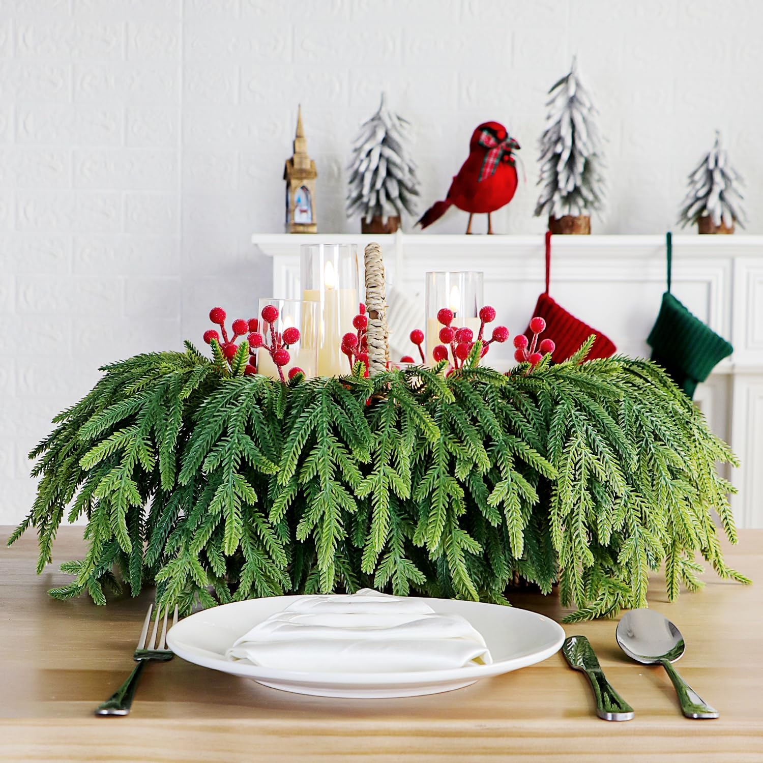 24Pcs Norfolk Pine Branches Stems 13.5" Artificial Pine Needles Sprigs Norfolk Pine Garland Accessories Vase Fillers Winter Fake Christmas Tree Picks Greenery Sprays for DIY Wreaths (24, Yellow Green) - Image 5