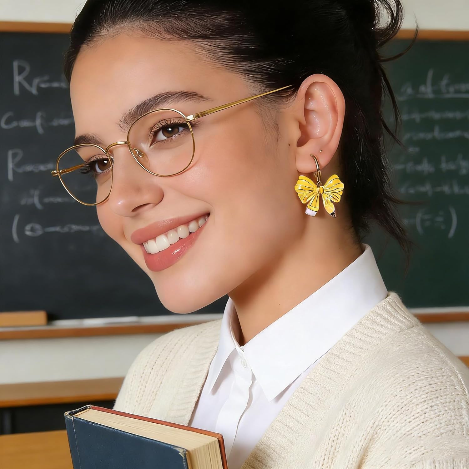 Pencil Bow Huggie Earrings for Teacher - Preppy Chic 14k Gold Plated Teacher Hoop Dangle Drop Earrings for Women Cute Y2K Fun Back to School Jewelry Gift - Image 3
