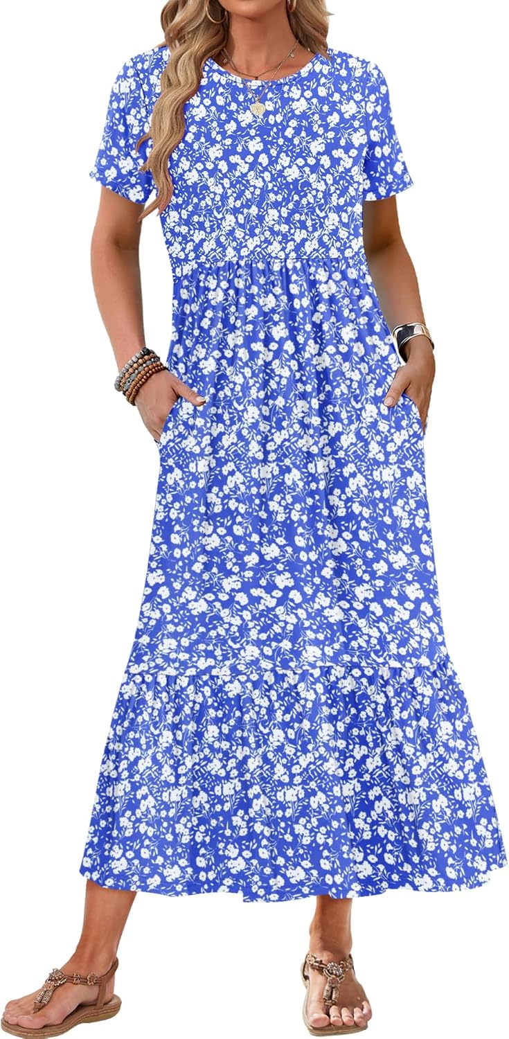 auselily womens summer dresses 2025 short sleeve maxi dress crewneck casual sundresses with pockets small blue white flower