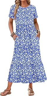 Womens Summer Dresses 2025 Short Sleeve Maxi Dress Crewneck Casual Sundresses with Pockets