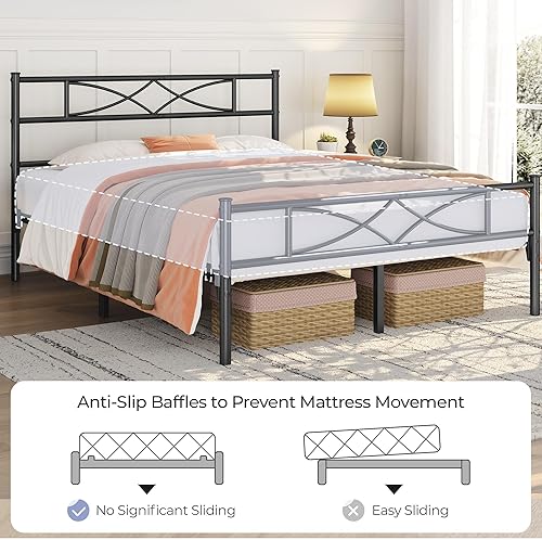 Miniatura 62 de Yaheetech Base de cama de metal tamaño matrimonial, base de cama de plataforma, base de colchón con cabecera y estribo de diseño curvo, no necesita