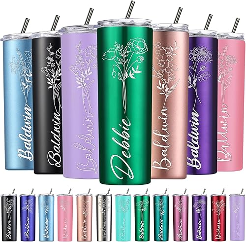 Miniatura 8 de Vaso personalizado con flor de nacimiento con nombre personalizado con tapas, pajitas, vaso delgado personalizado, grabado aislante, Navidad,