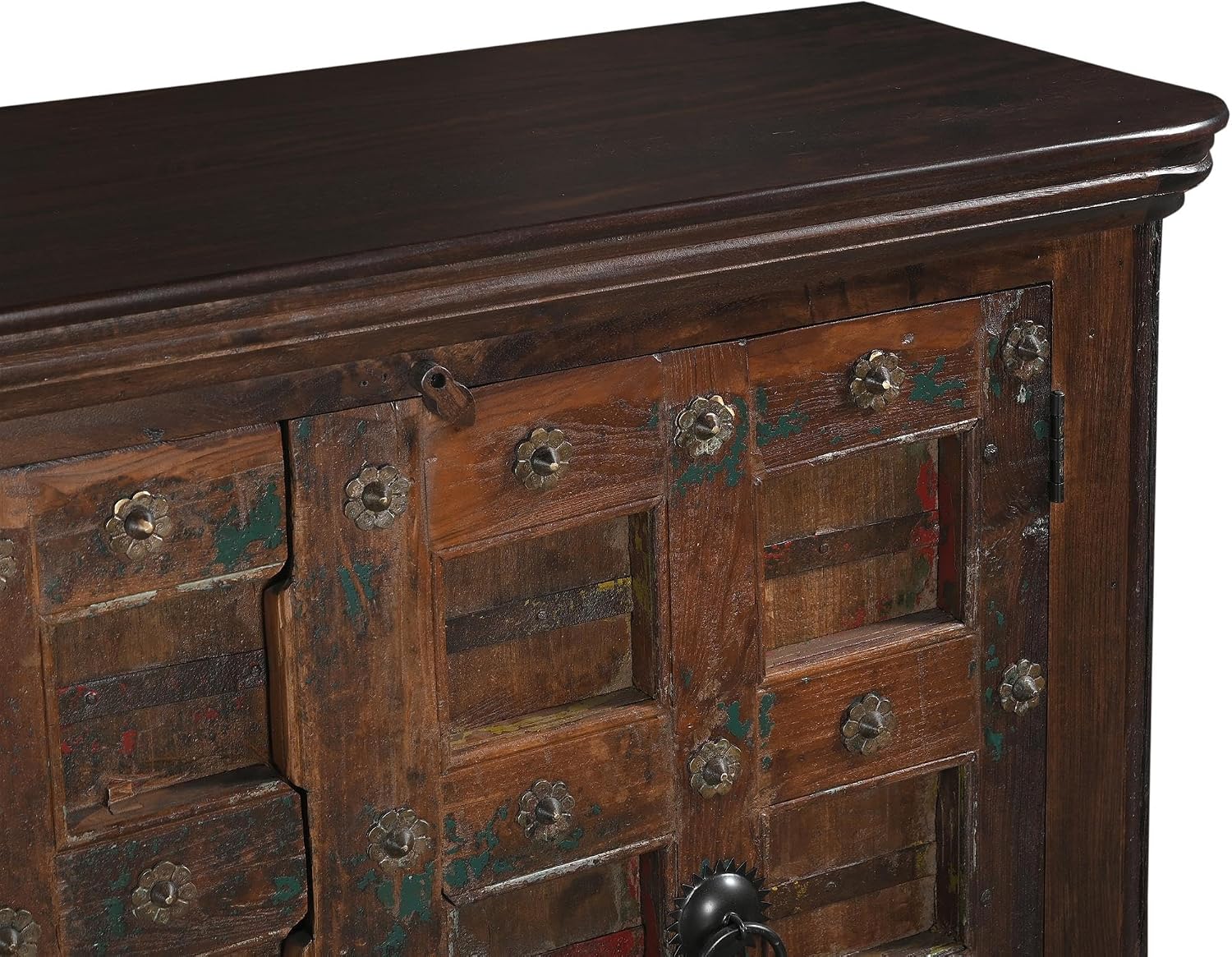 Dark Brown Carved Lattice 2-Door Solid Wood Sideboard Storage Cabinet