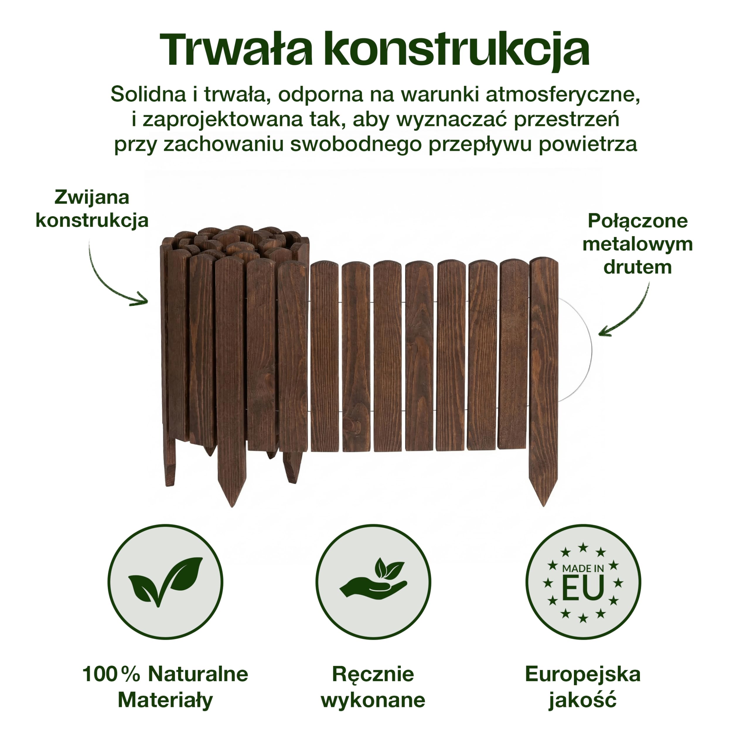 Creative Home Drewniane Obrzeże Trawnikowe Ogrodowe do Rabat Brązowe 2m x | 40 cm Wysokości | Elastyczna Palisada Rozwijane Ogrodzenie Ogrodowe Wbijane | Grządki, Płotek Drewniany, Krawędź Trawnika