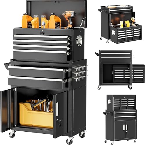 Bonusall 8 Drawer Rolling Tool Chest and Cabinet Combo,Heavy-Duty Metal Garage Tool Chest with Wheels and 2 Doors,2-in-1 Top Box and Roller Cabinet Combo for Garage, Workshop, Warehouse-Black