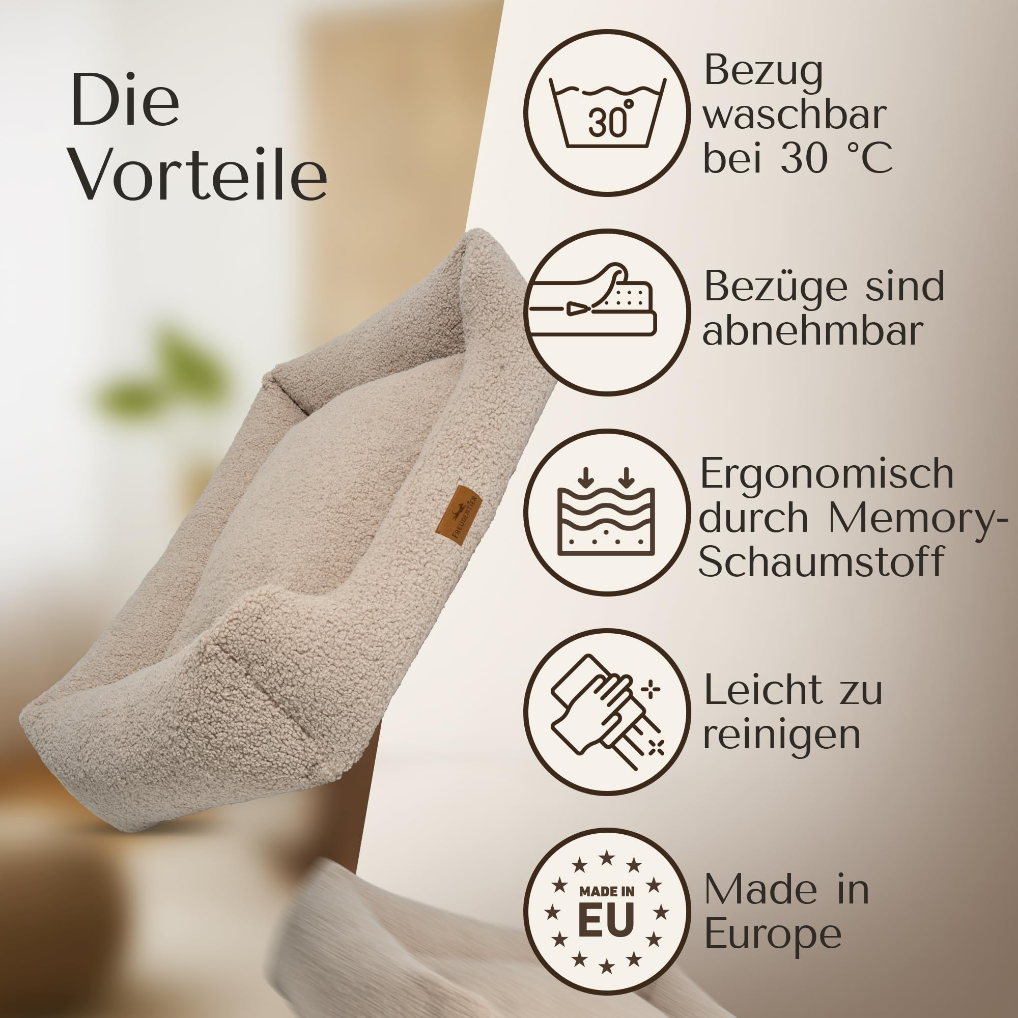 FREUDENTIER Orthopädisches Hundebett aus Teddy, Waschbar, Made in EU | Gelenkschonendes Hundesofa für kleine, mittelgroße & große Hunde - herausnehmbares Liegekissen - kuscheliger Hundekorb