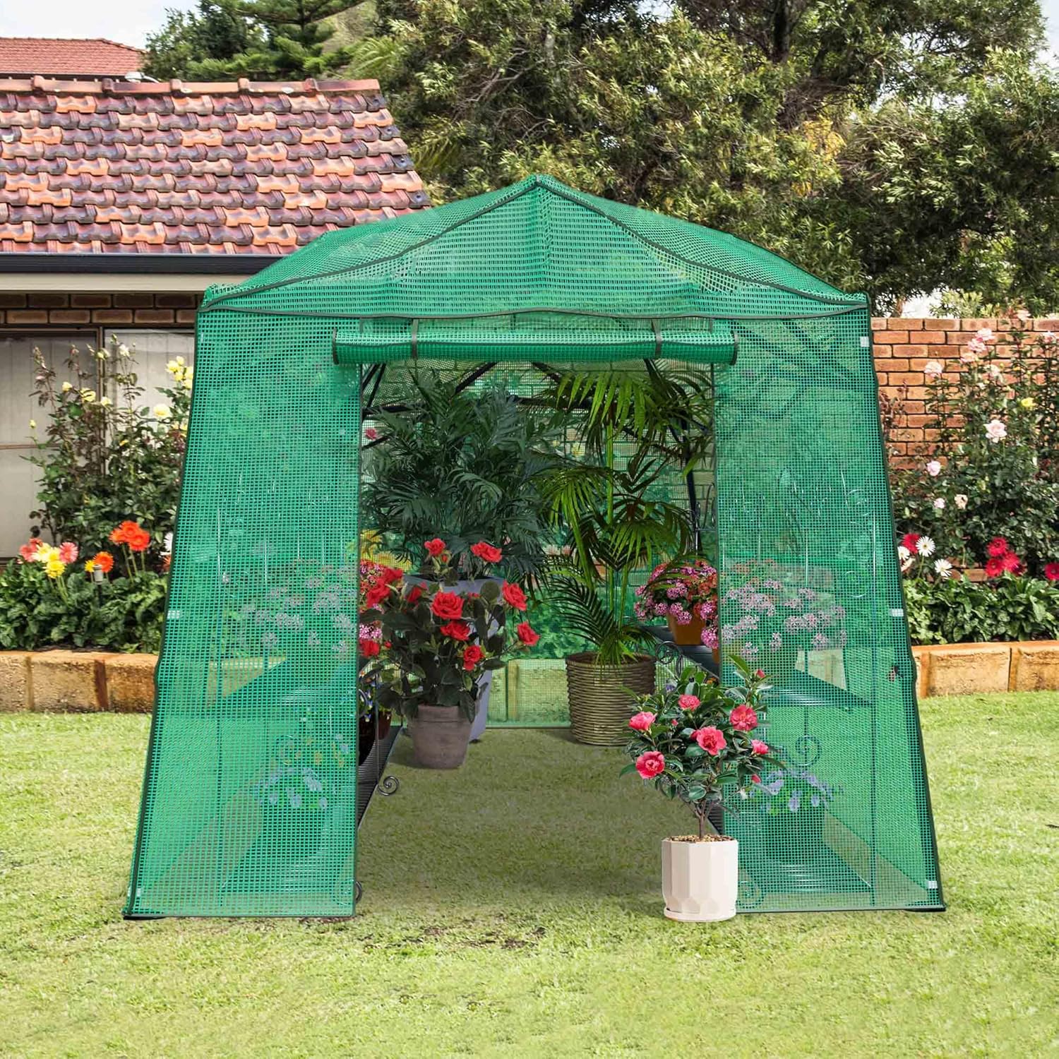 8.5 x 7 x 7 FT Walk-in Greenhouse, Portable Pop-up Greenhouse for Indoor Outdoor, Plant Garden Green House with Zippered Doors, Screen Windows, Heavy Duty Frame and Durable PE Cover