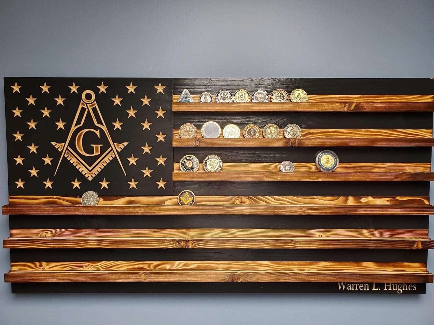 Freemason Masonic Square and Compass Challenge Coin Holder Display, Holds 90-100 Coins, for Military, Police, Law Enforcement, First Responders, Custom Handmade Quality, Made in Texas