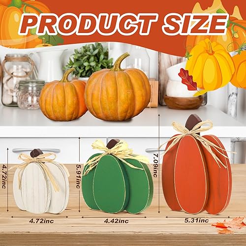Miniatura 2 de Ferraycle 3 letreros de madera de otoño con diseño de calabaza, decoración de mesa de calabaza 3D, decoración rústica de bandeja escalonada, centros