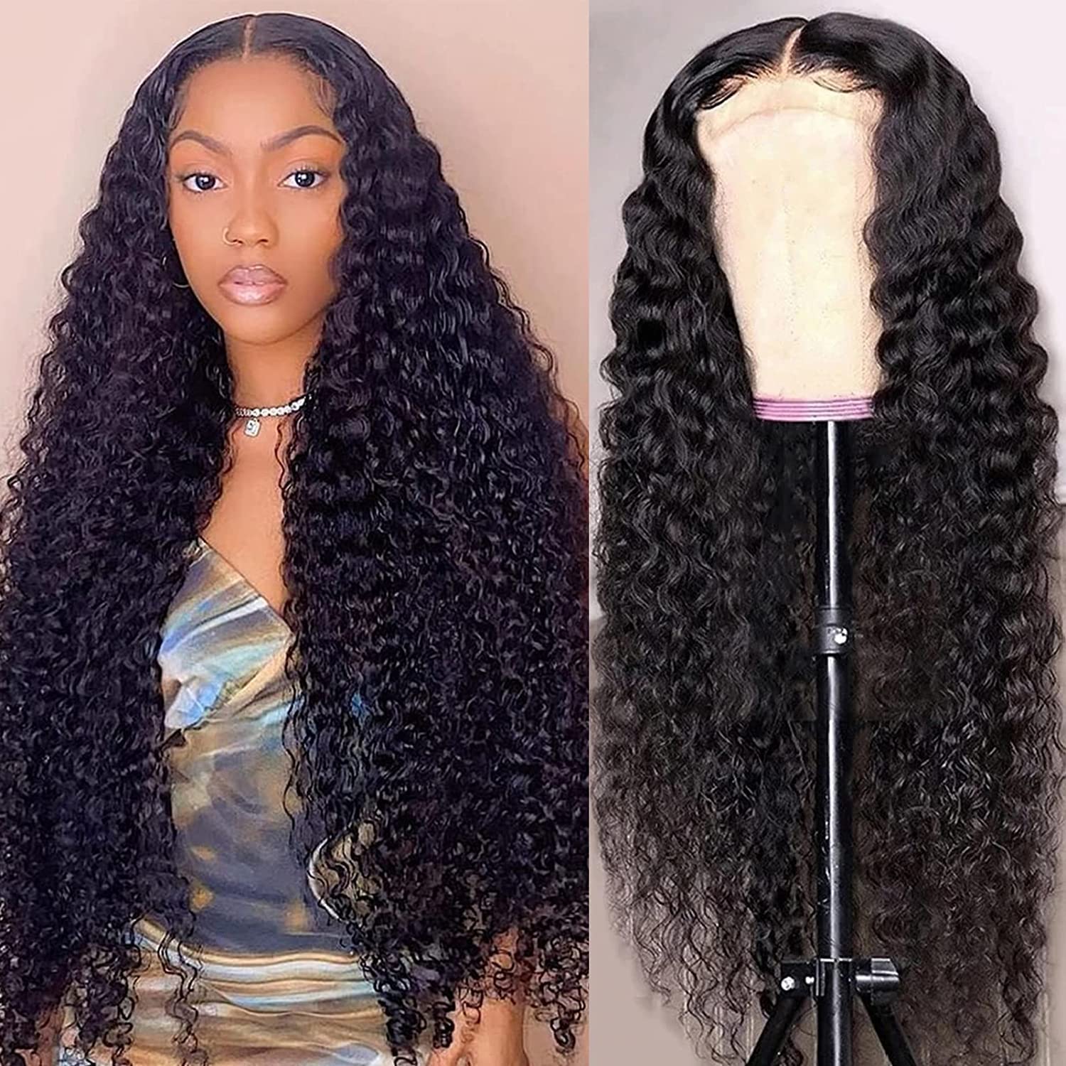HD Transparent Deep Wave Lace Front Wigs Human Hair Brazilian Virgin 180% Density Deep Wave 4x4 Lace Closure Human Hair Wigs for Black Women Natural Color(26 Inch,Deep Wave Wig)
