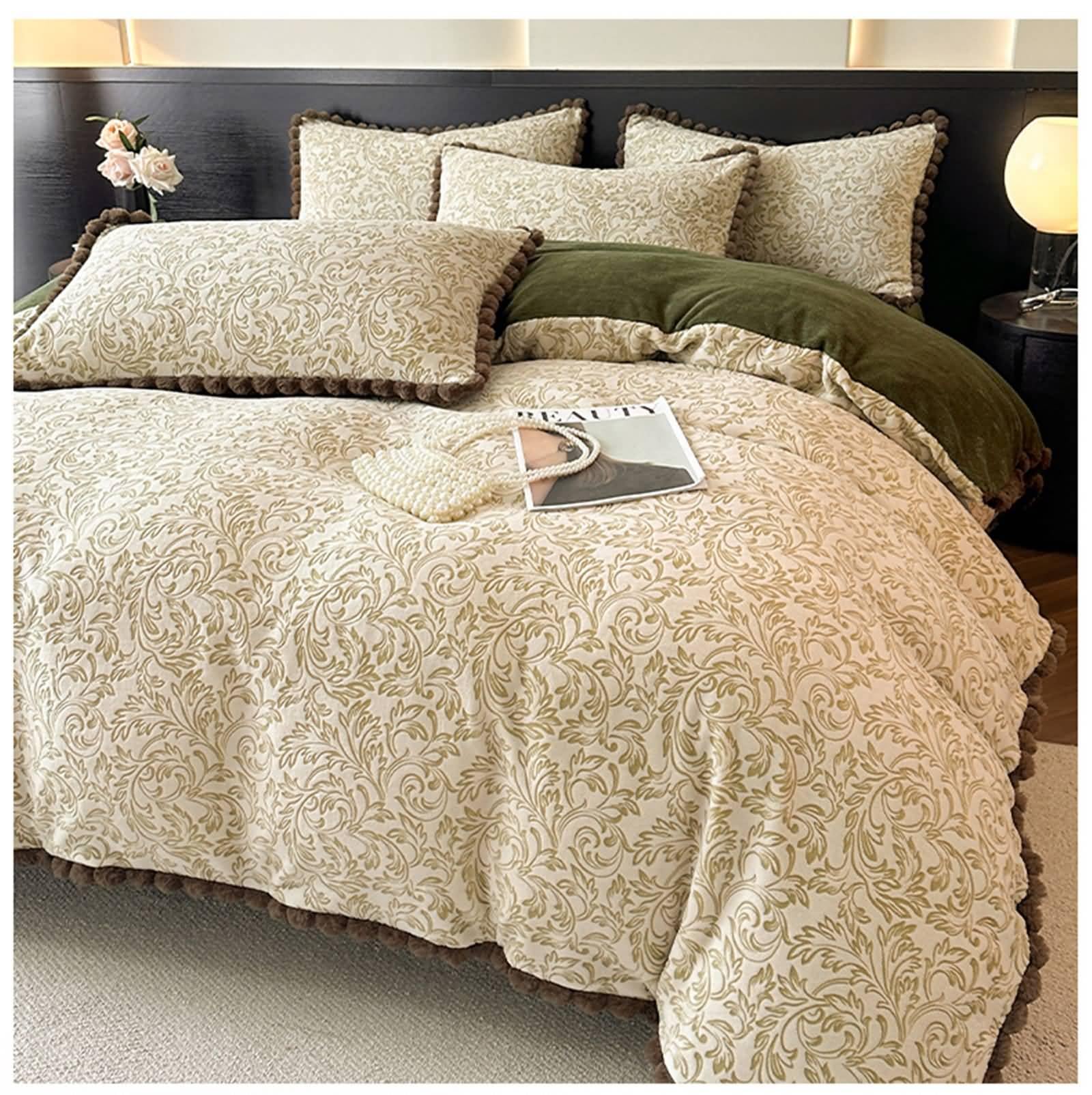 Gualiy 4-częściowy zestaw pościeli z aksamitną teksturą paisley, zawiera 1 poszewkę na kołdrę 200 x 230 cm z zamkiem błyskawicznym, 2 poszewki na poduszki, 1 prześcieradło płaskie, zielony