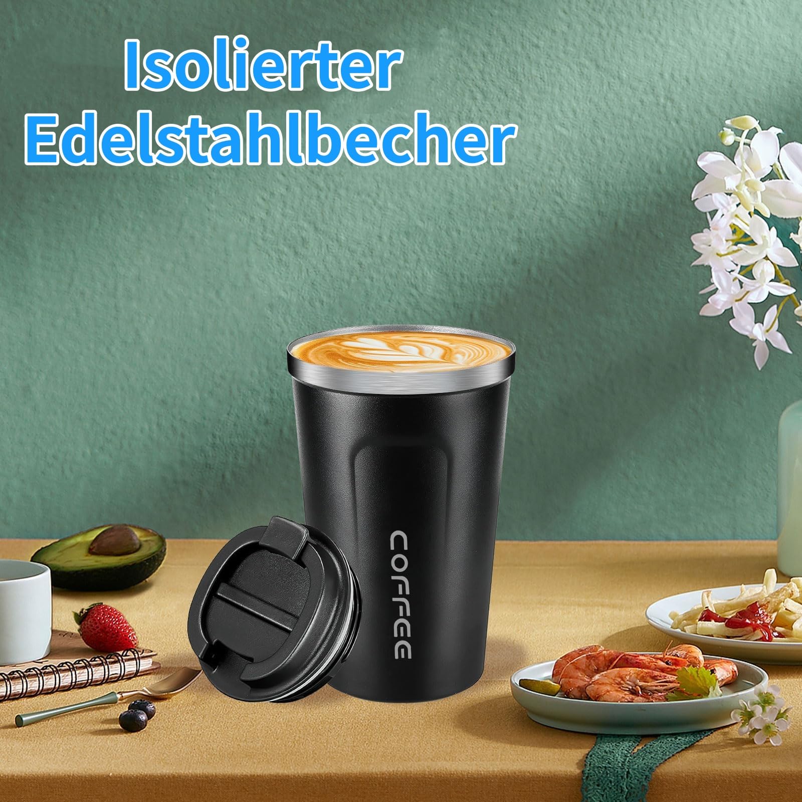Lot de 4 tasses à café à emporter - 380 ml - Gobelets isothermes à double paroi avec couvercle anti-fuite - Tasse de voyage pour café et thé - Blanc, vert, noir, rose