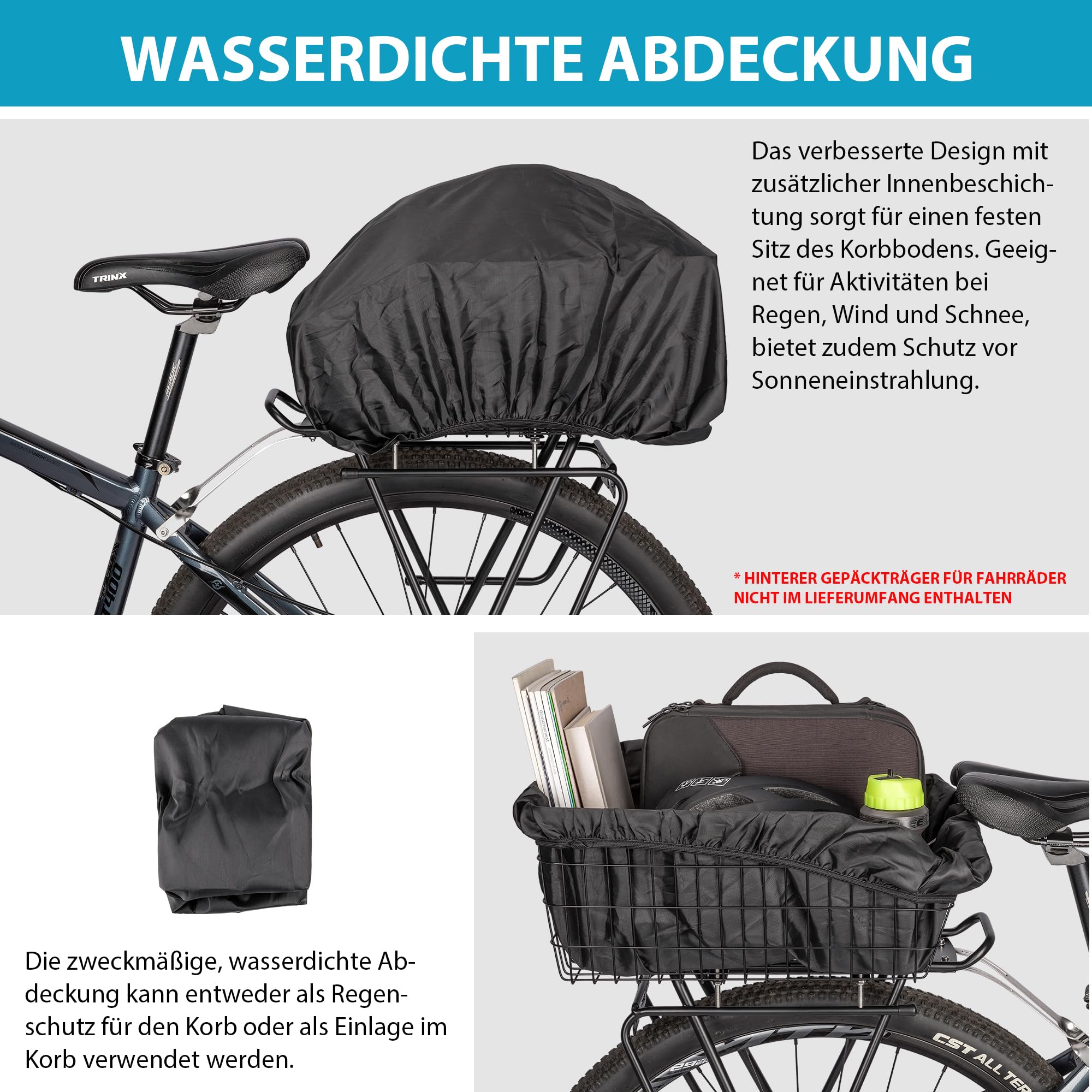 CXWXC Hinterer Fahrradkorb – Fahrradkorb für hinten mit Transportnetz und wasserdichter Abdeckung – E-Bike-Zubehör, Heckkörbe, große Kapazität für Erwachsenenfahrräder