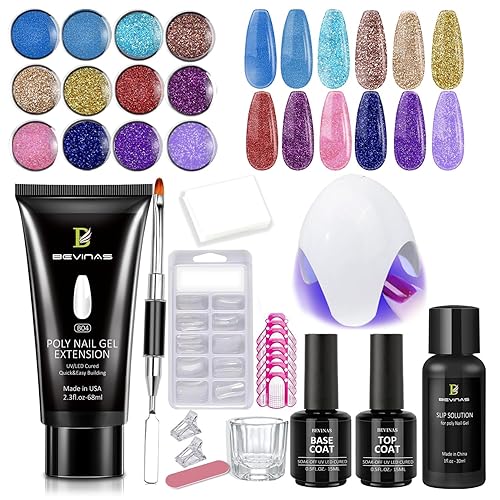 BEVINAS Kit de uñas de poligel con lámpara UV de 6 W, 12 brillos y 2.3 fl oz, kit de iniciación de gel de uñas de poliéster transparente para