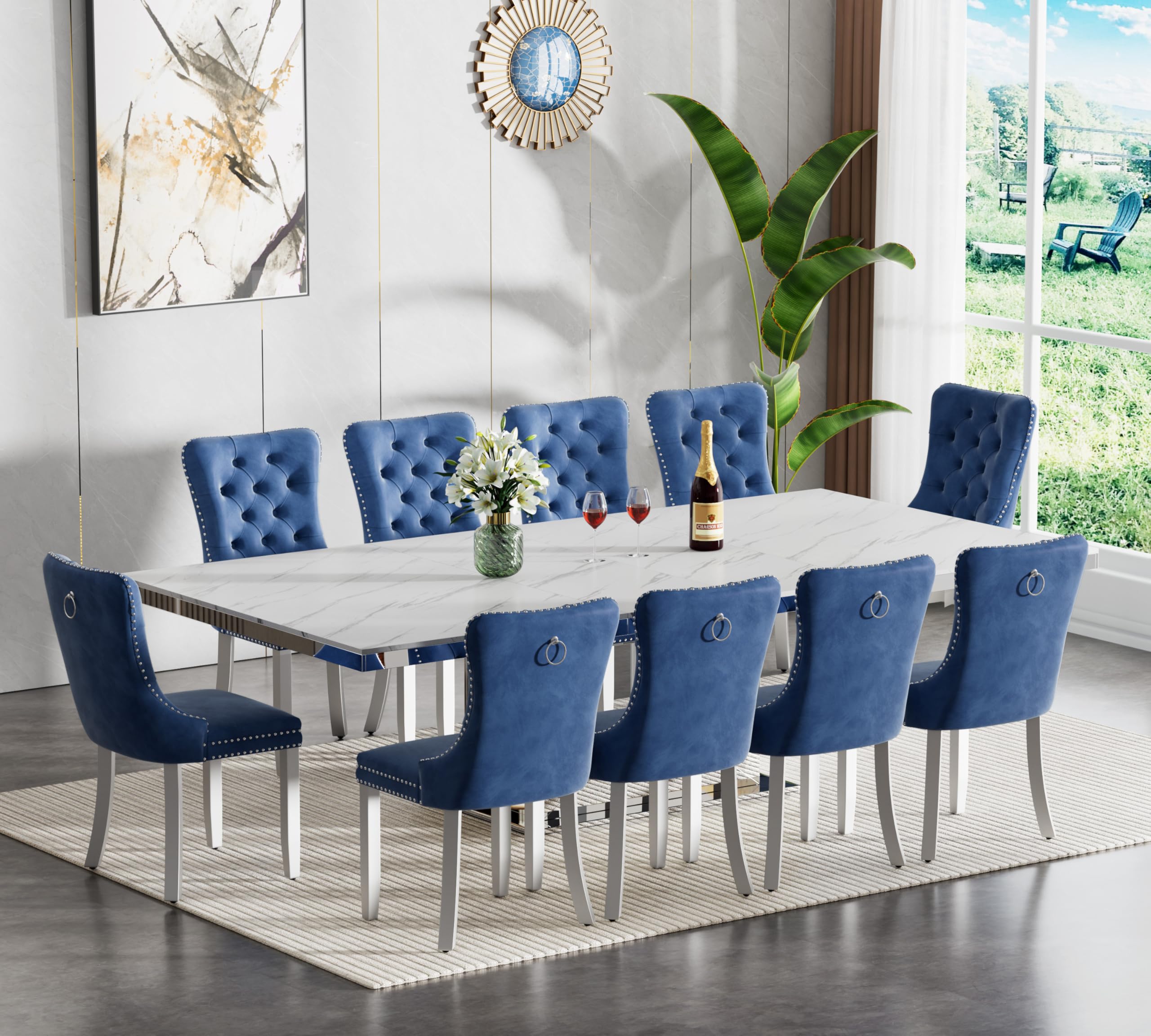 11 Pieces White Faux Marble Extendable Dining Table Set, 63"-94" Rectangular Expanding Kitchen and Dining Room Table Set for 10 with Mirrored Acrylic Base &amp; Blue Velvet Upholstered Chairs