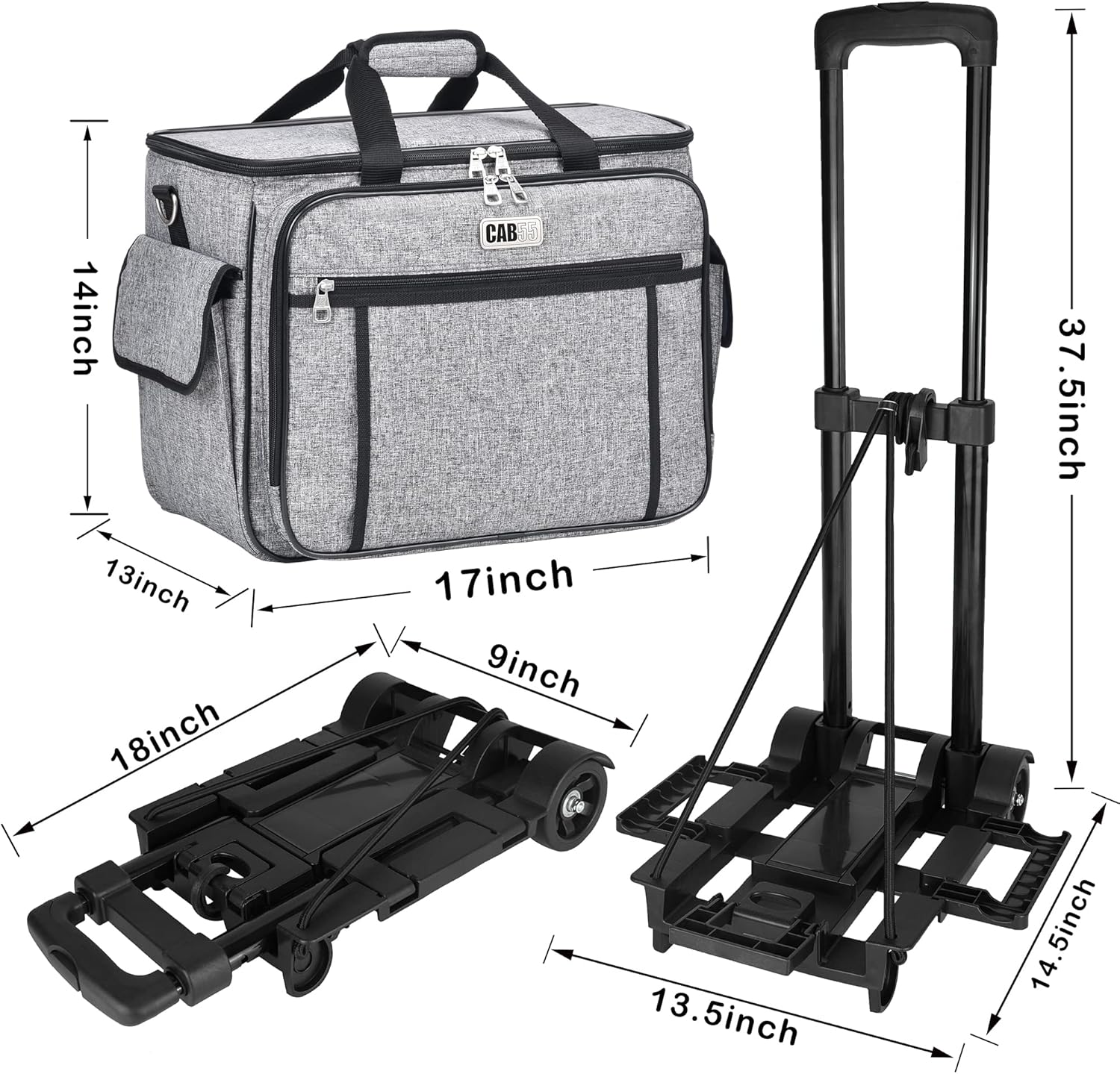 CAB55 Rolling Sewing Machine Case, Detachable Rolling Sewing Machine Carrying Case on Wheels, Trolley Tote Bag with Removable Bottom Wooden Board for Most Standard Sewing Machine and Accessories