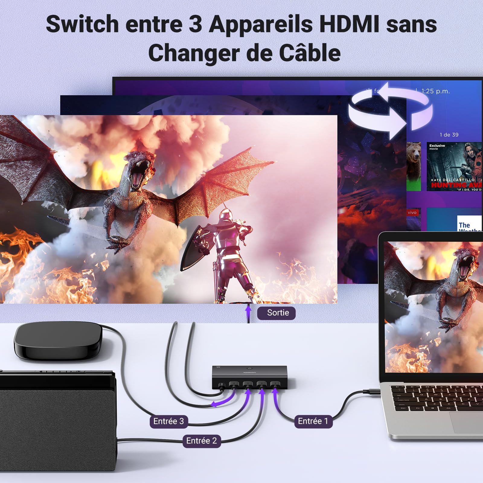 UGREEN Switch HDMI 4K 60Hz 3 Entrées à 1 Sortie Commutateur HDMI 1080P 3D HDR10 Dolby Atmos avec Télécommande IR Compatible avec PS5 PS4 Xbox TV Stick Box Chromecast Lecteur Blu Ray DVD Projecteur