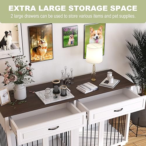 Miniatura 4 de Muebles de jaula para perros grandes, jaula de madera para perros con divisor de habitación y 2 cajones, muebles de perrera resistentes para perros