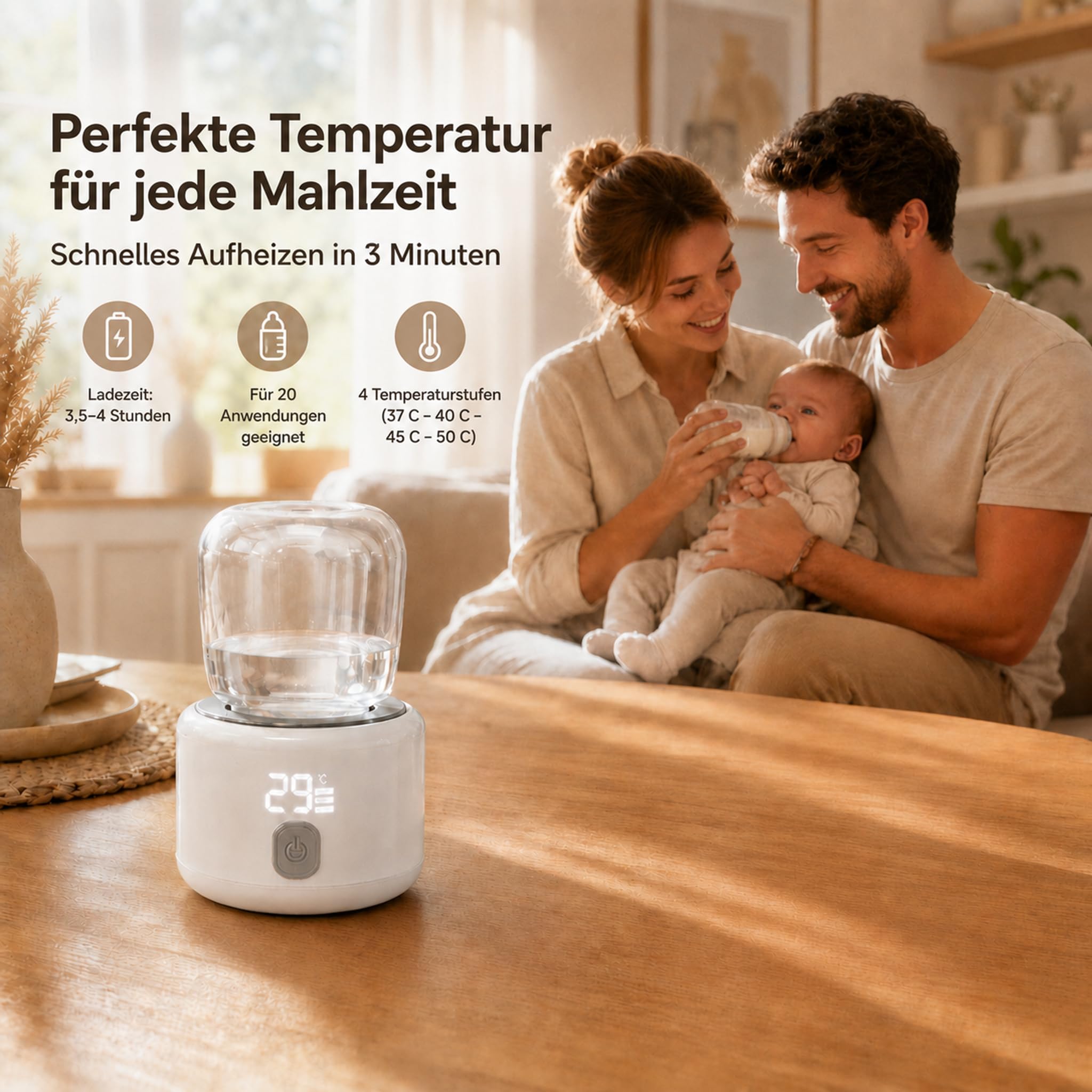 Chauffe-biberon portable pour bébé en déplacement - Chauffe-lait alimenté | Chauffage rapide de 3 à 5 minutes, précision ± 1 °C, port USB-C, acier inoxydable sans BPA, adaptateur inclus
