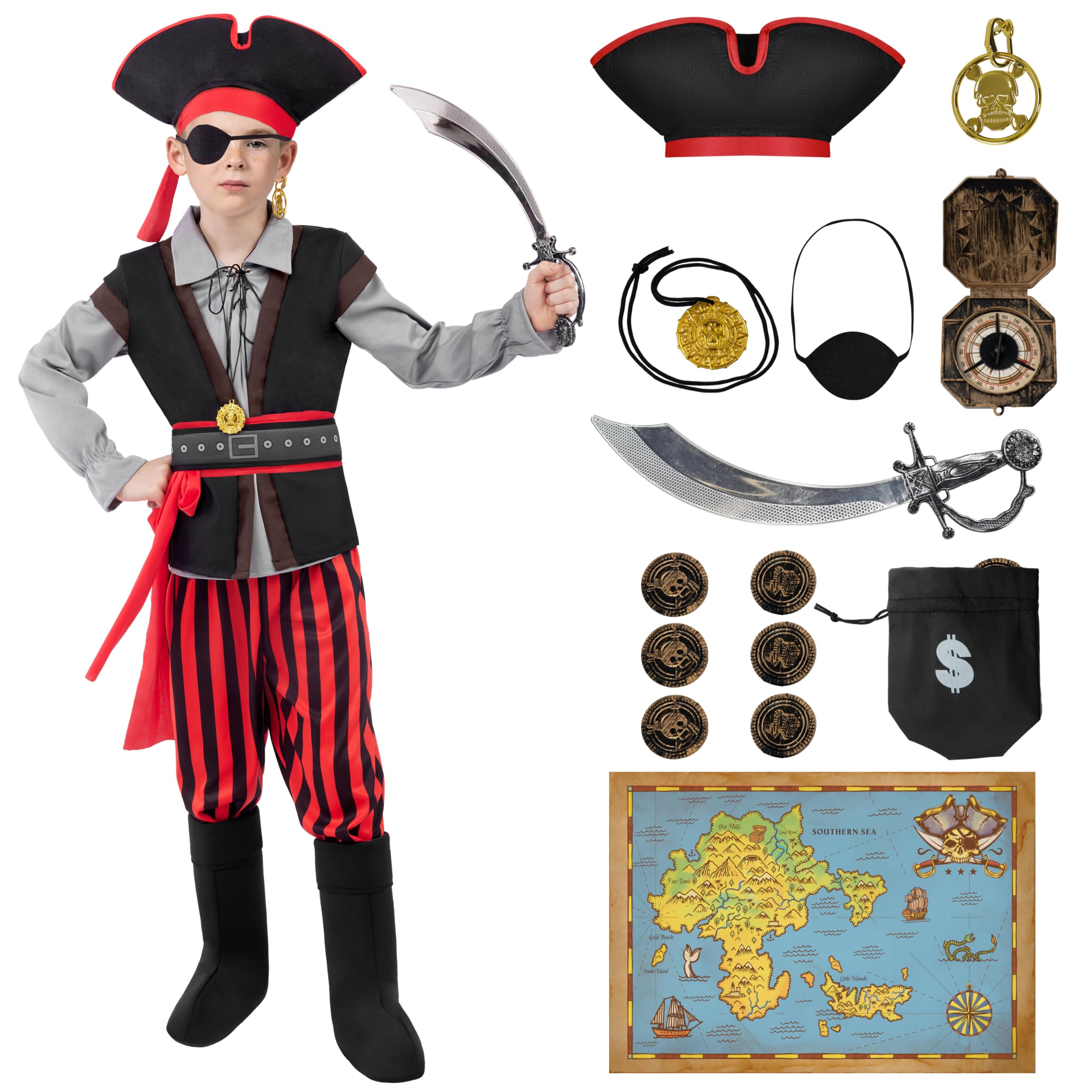 Spooktacular Creations Kostium pirata dla chłopców, kostium pirata dla chłopców, kostium pirata dla dzieci z akcesoriami do piratów do odgrywania ról na Halloween (mały (5-7 lat))