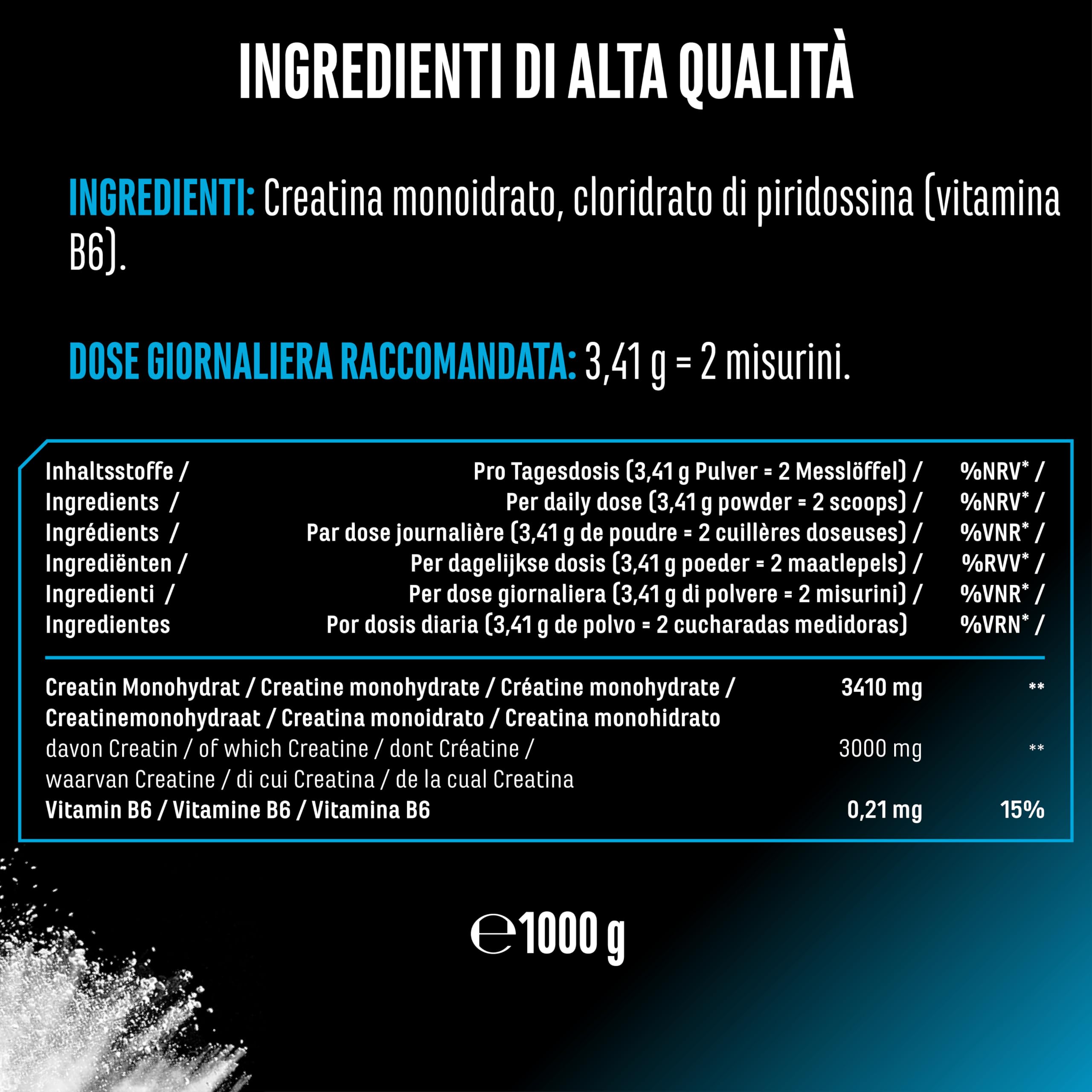Creatine Monoidrato in Polvere 1000 g – Creatina Monoidrato Microfine, Altamente Solubile e Alto Dosaggio – Senza Additivi inutili – Vegana – 293 Porzioni