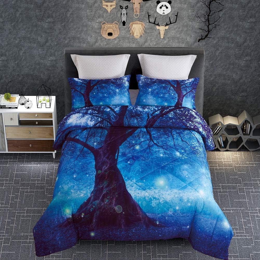 KINBEDY 3PC Tencel Cotton 3D Beautiful Blue Tree Digital Bedding Comforter Sets Queen Size for Teen Kids Comforter Bedding Sets 1 Comforter with 2 Pillowcases.
