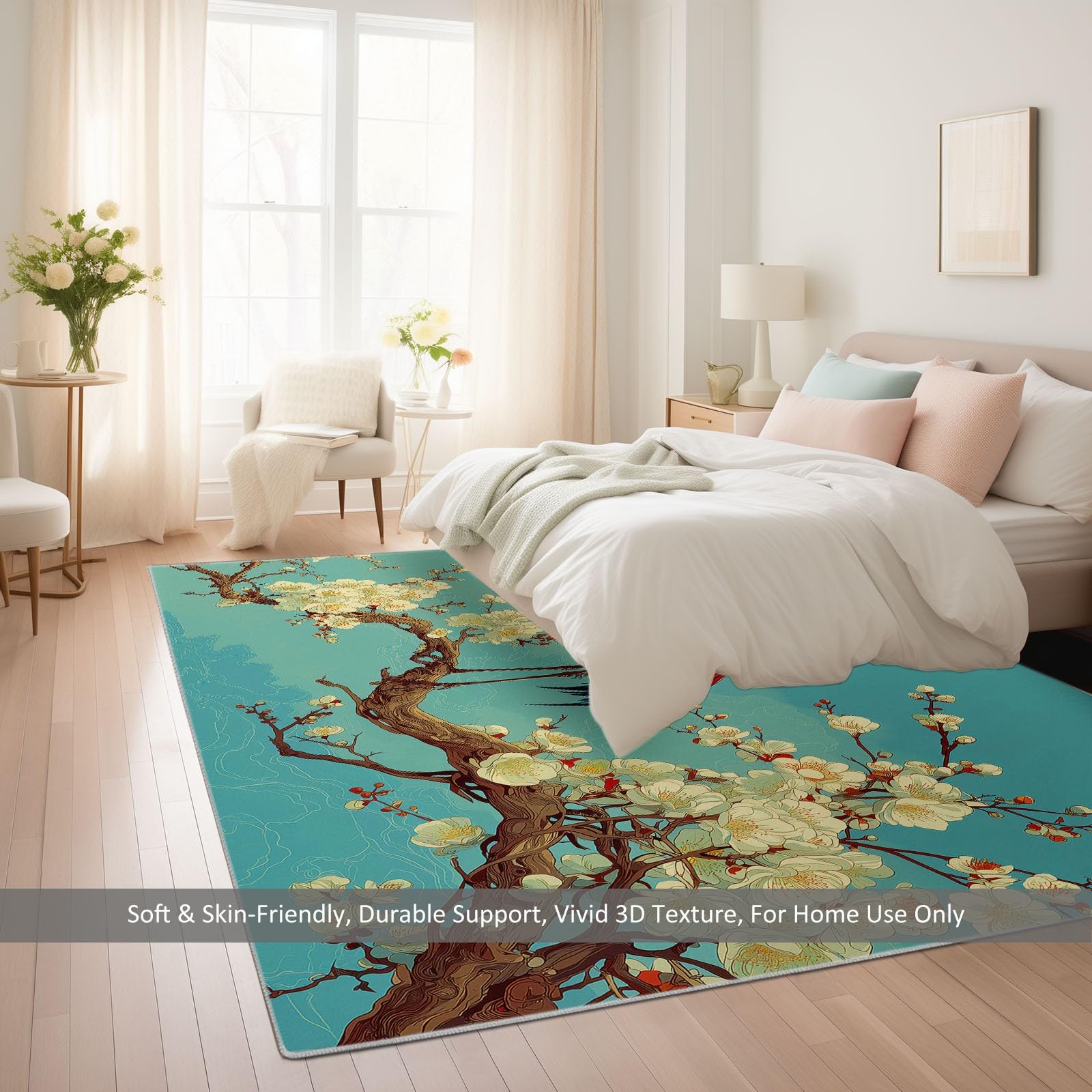 Alfombra antideslizante con diseño de pájaros voladores y flores de ciruelo, 160 x 230 cm, estilo chino, alfombra para dormitorio de niños y niñas, alfombra de suelo para sala de estar, dormitorio
