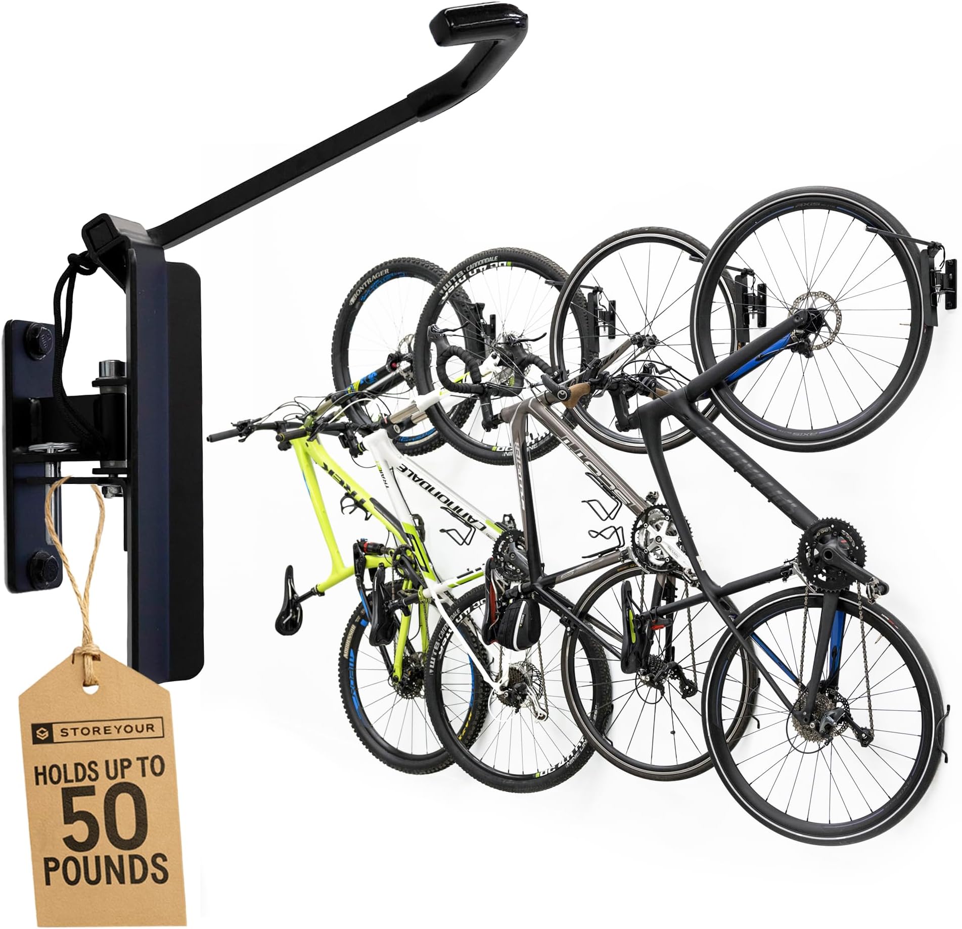 Bike Wall Mount | Garage Bike Rack Wall Mount | Bike Wall Hanger, Vertical Bike Rack Bicycle Wall Mount Hook with 124° Swivel Stopper | Pack of 4, Max 2.6” Tyres, 23kg Capacity, Black