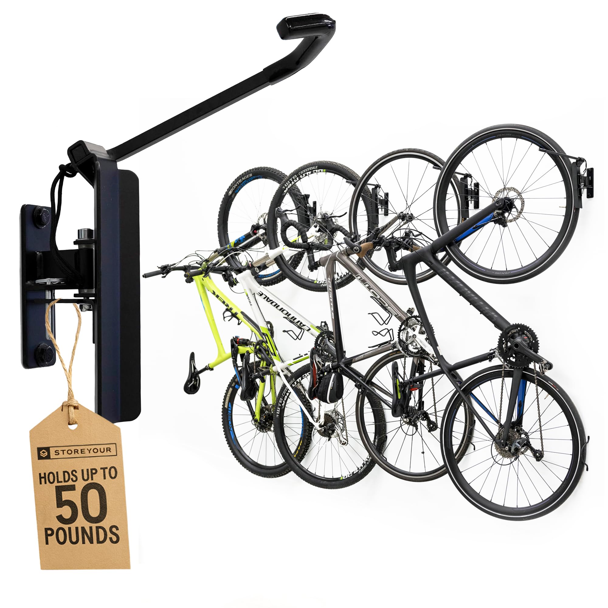 StoreYourBoard 4-Bike Swivel Rack – Wall Mounted Garage Bike Storage, Vertical Hanger with 120° Swing Design & Stopper, Space-Saving Indoor Wall Mount – Fits Kids Bikes, BMX & More – Black