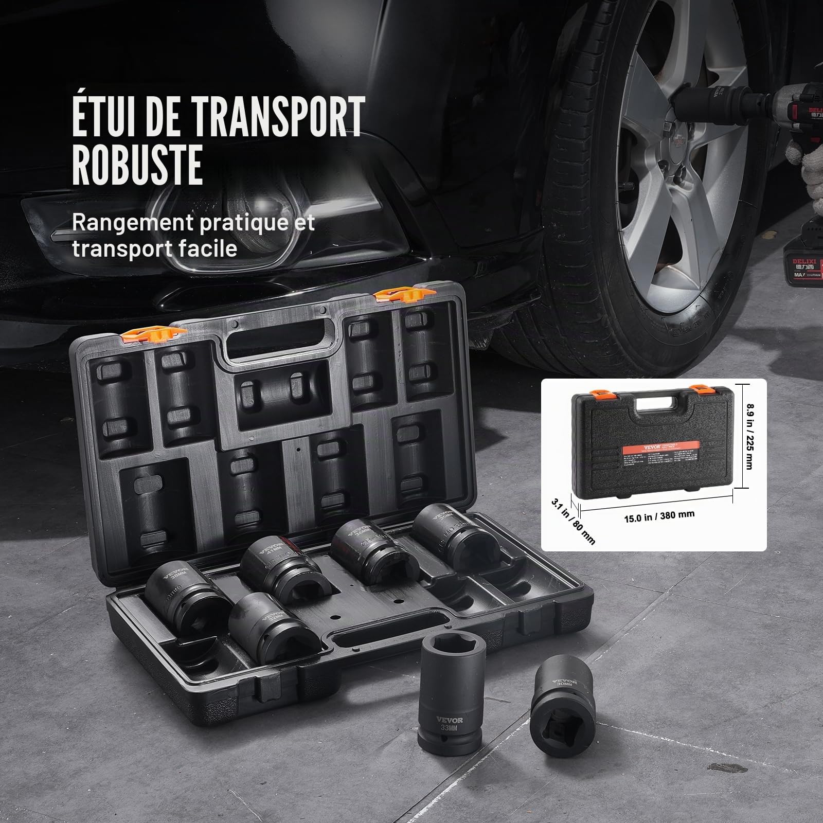 VEVOR Coffret Douilles à Chocs Profondes 1 po Métrique 27-41 mm, Kit pour Clé à Cliquet 8PCs, en Acier Allié Cr-Mo, 6 Pans, Marquages de Taille Faciles à Lire, pour la Réparation Automobile, Atelier