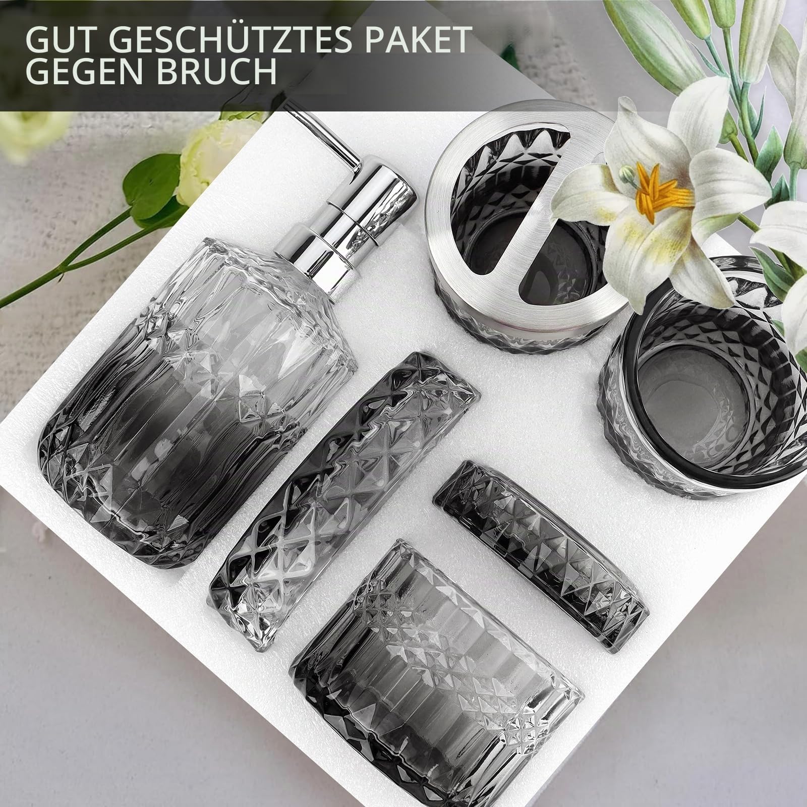 5 Stück Glas Badezimmer Zubehör Sets, Seifenspender Set mit Seifenspender, Seifenschale, Zahnbürstenhalter, Wattestäbchen Kanister, Becher, Badezimmer Deko Set, Badezimmer Organizer