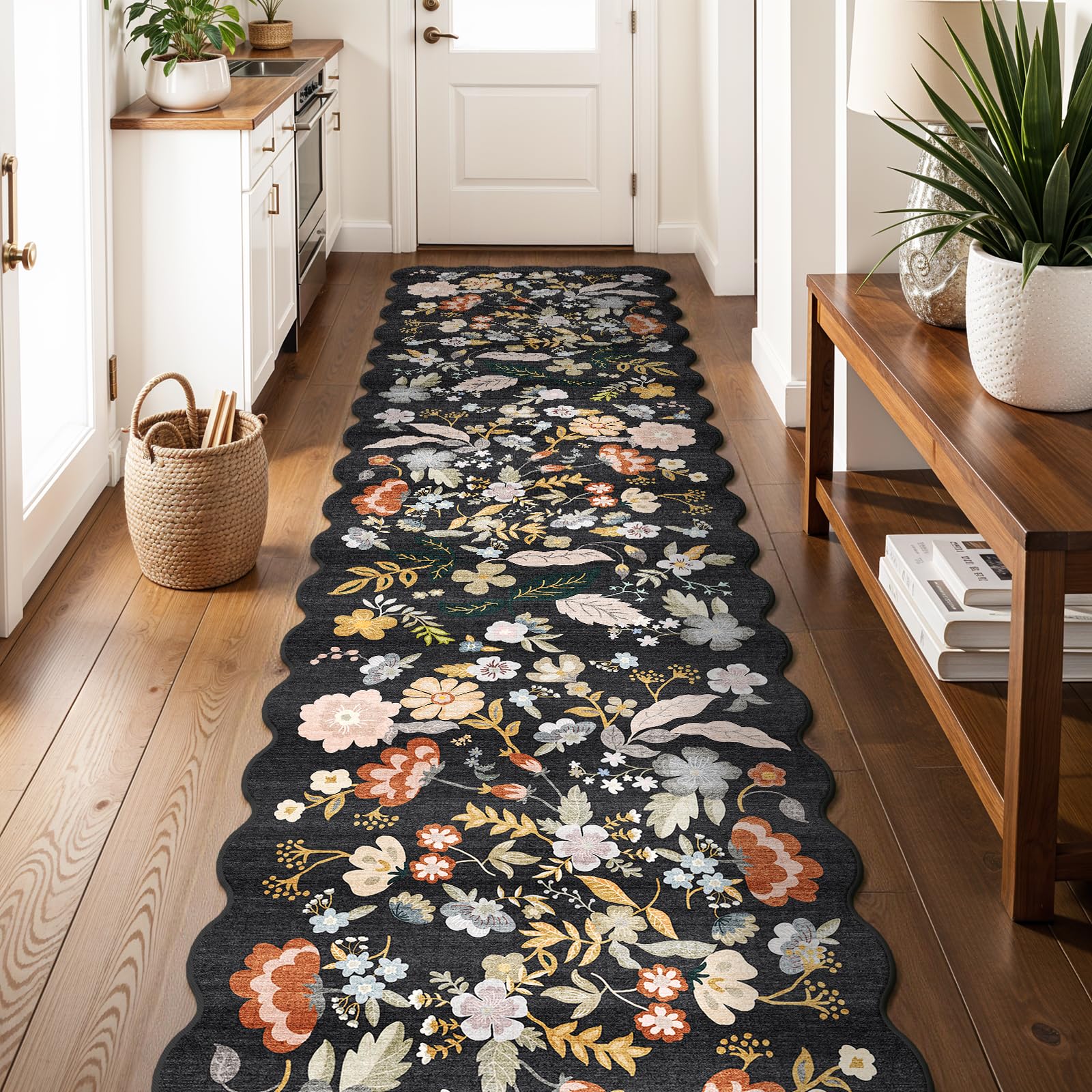 3x12ft Long Hallway Runner Rug - Non Slip Washable Floral Floor Runner for Kitchen Entryway Bathroom?Boho Low Pile Thin Rubber Backed Scalloped Carpet Runner (Black, 3x12)