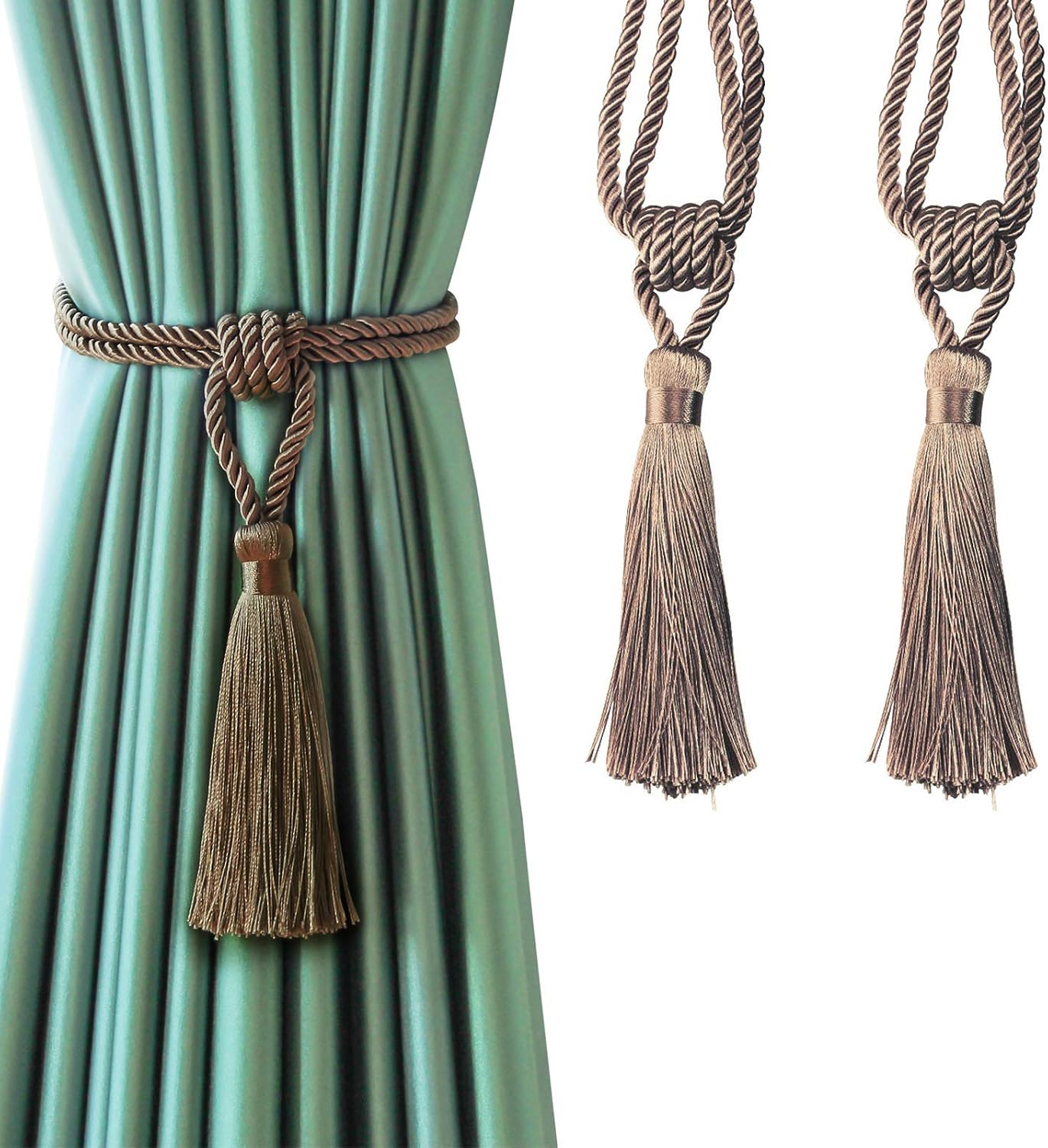 Fenghuangwu Curtain Tiebacks Tassel Tie-Backs, Rope Curtain tie Backs Handmade Curtain Holdbacks Made from Polyester 2 Pack -Flaxen