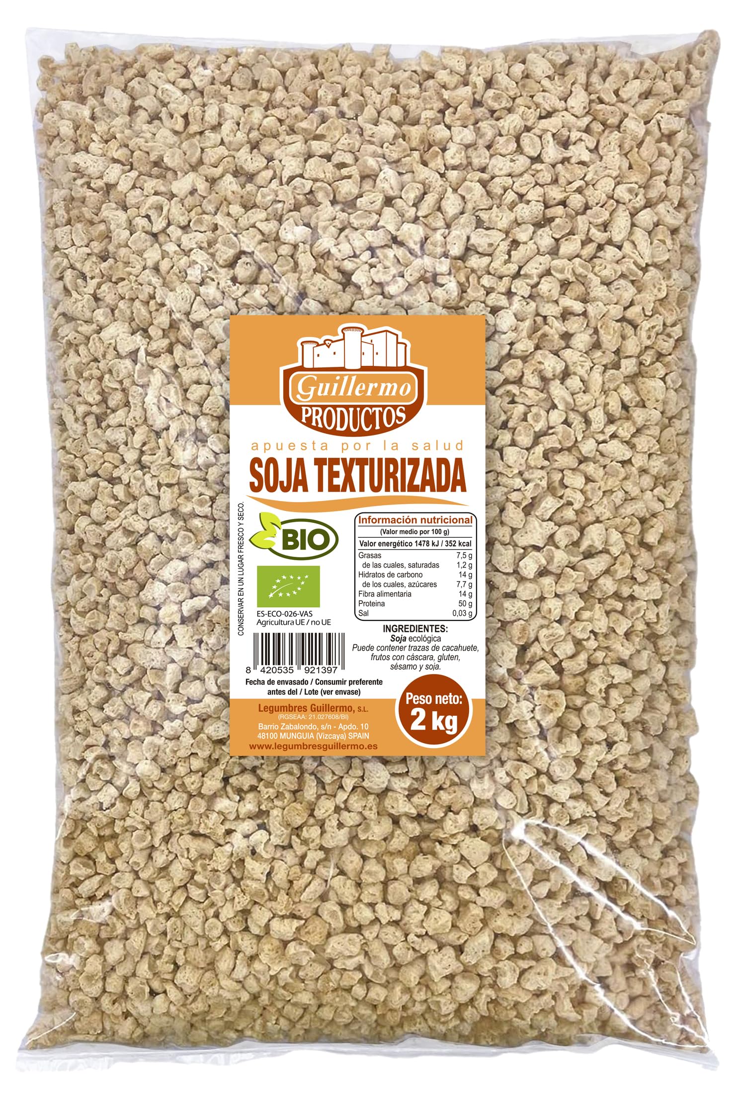 Guillermo | Soja texturizada BIO - Bolsa 2 kg. | 100% ecológica | Alto contenido en proteínas | Perfecta para dietas veganas o vegetarianas
