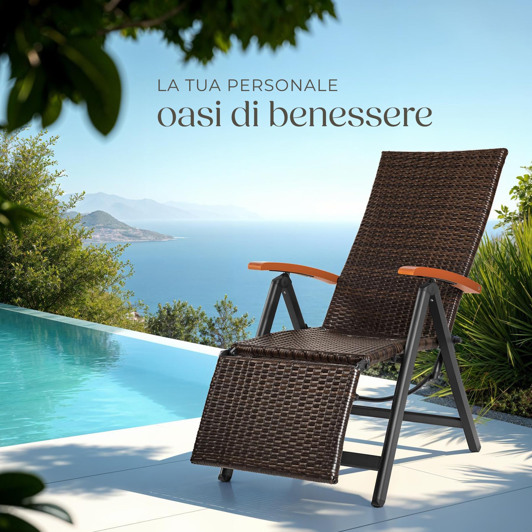 tectake® Poltrona Relax da Giardino Pieghevole, Resina Intrecciata e Alluminio, Regolabile con Poggiapiedi, Poltrona da Giardino, Sedia Relax da Giardino, Sedie da Esterno - Marrone