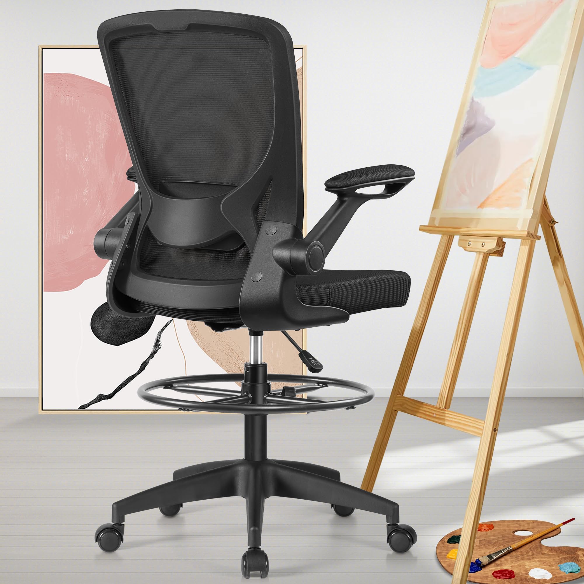 Photo 1 of KERDOM Drafting Office Chair, Mid-Back Computer Chair with Adjustable Sponge Lumbar Support and Footrest Mesh High Chair, Ergonomic Standing Desk Chair with Flip-up Armrests, Black Black 9060D