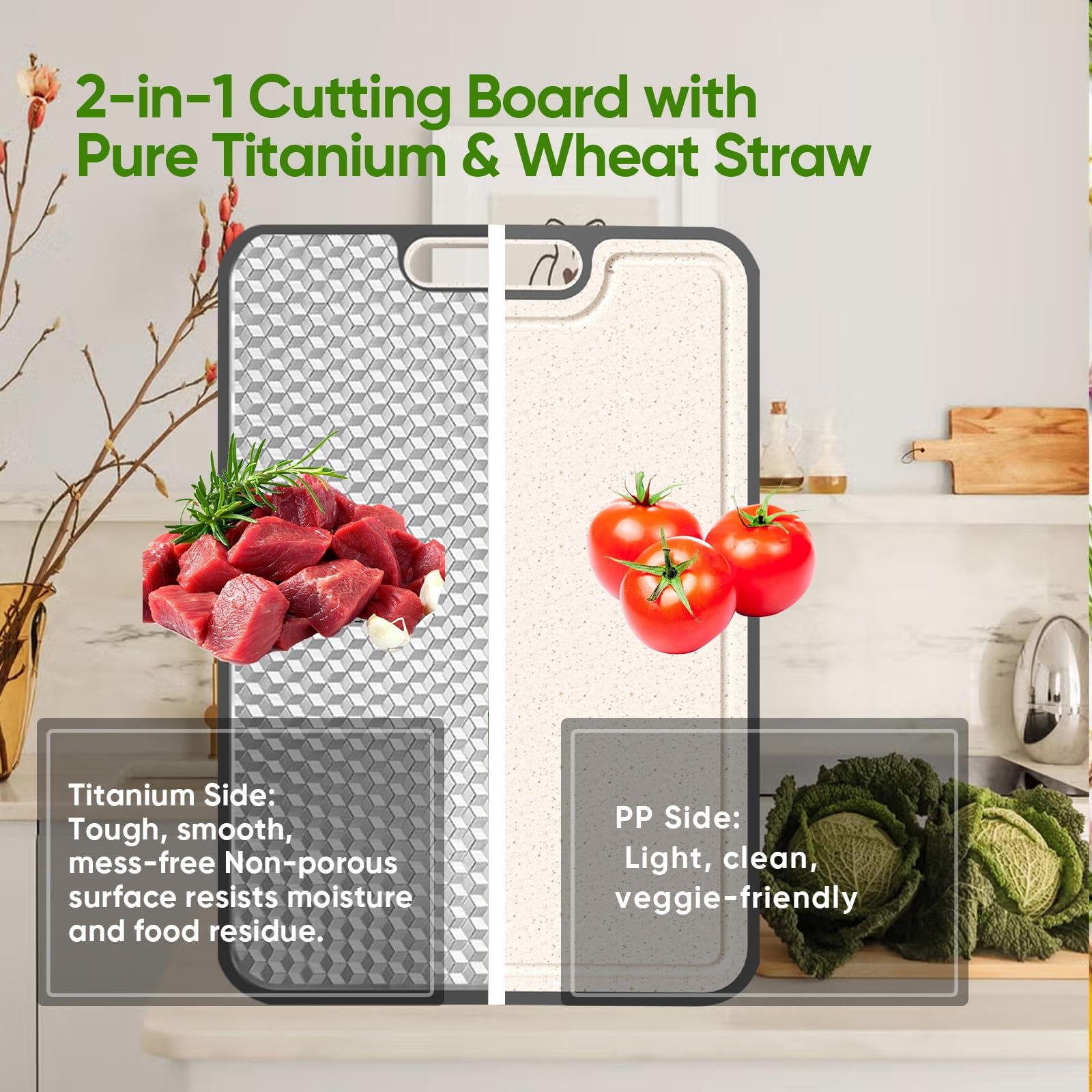 Tabla de cortar de titanio, doble cara de grado médico, GR2 de titanio/paja de trigo PP, tablas de cortar grandes para carne, verduras y frutas
