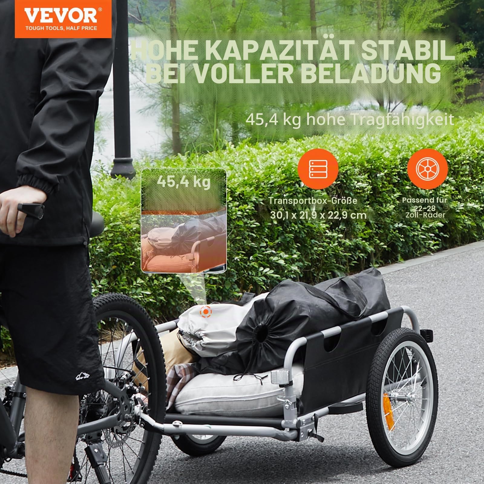 VEVOR Fahrrad-Lastenanhänger, 88/100/72,6 kg Tragfähigkeit, robuster Fahrradwagen, zusammenklappbar, kompakt, mit Universalkupplung