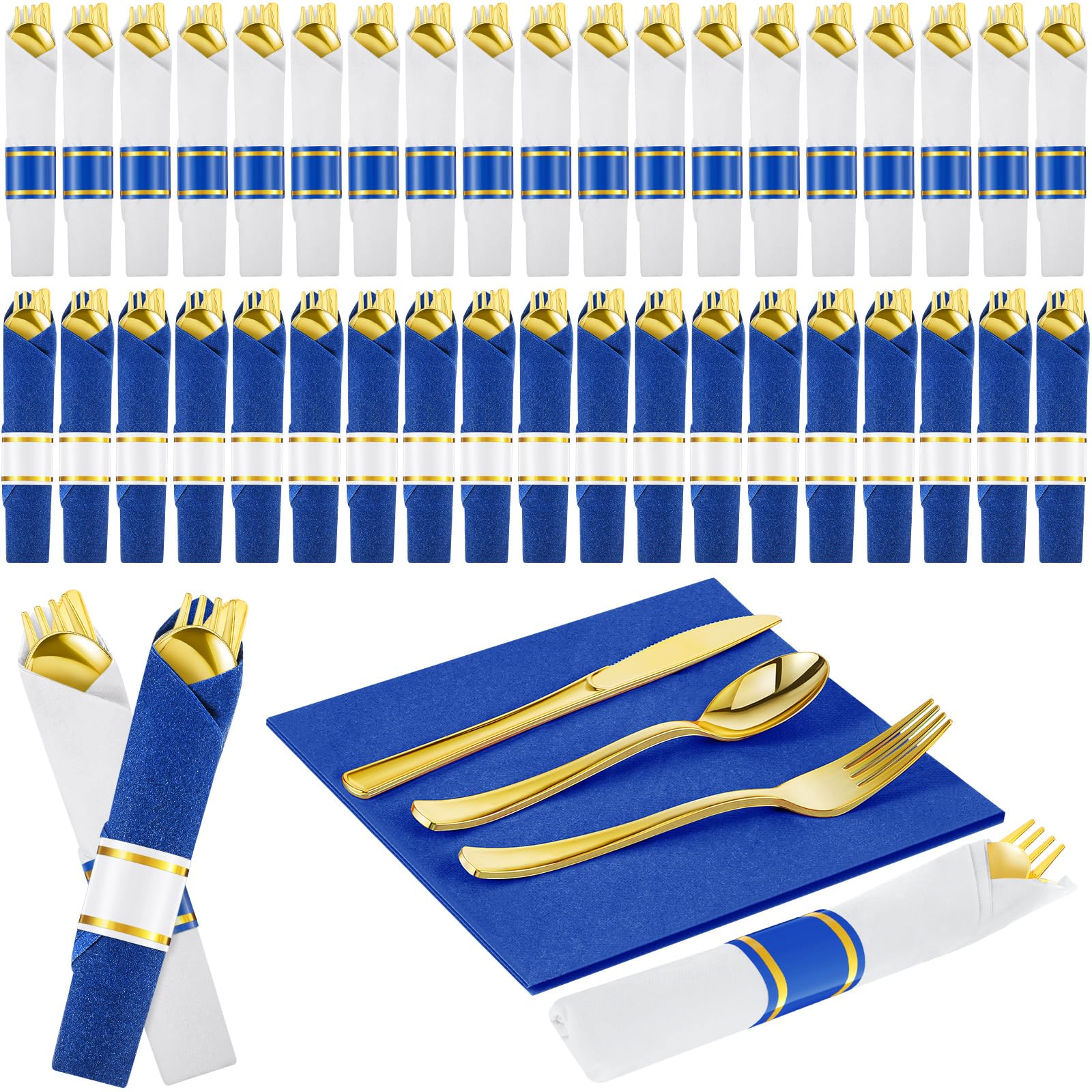 Lasnten 50 Pack Pre Rolled Gold Plastic Silverware Set with Blue and White Napkins, Disposable Wrapped Cutlery Set with Forks Spoons Knives for Baby