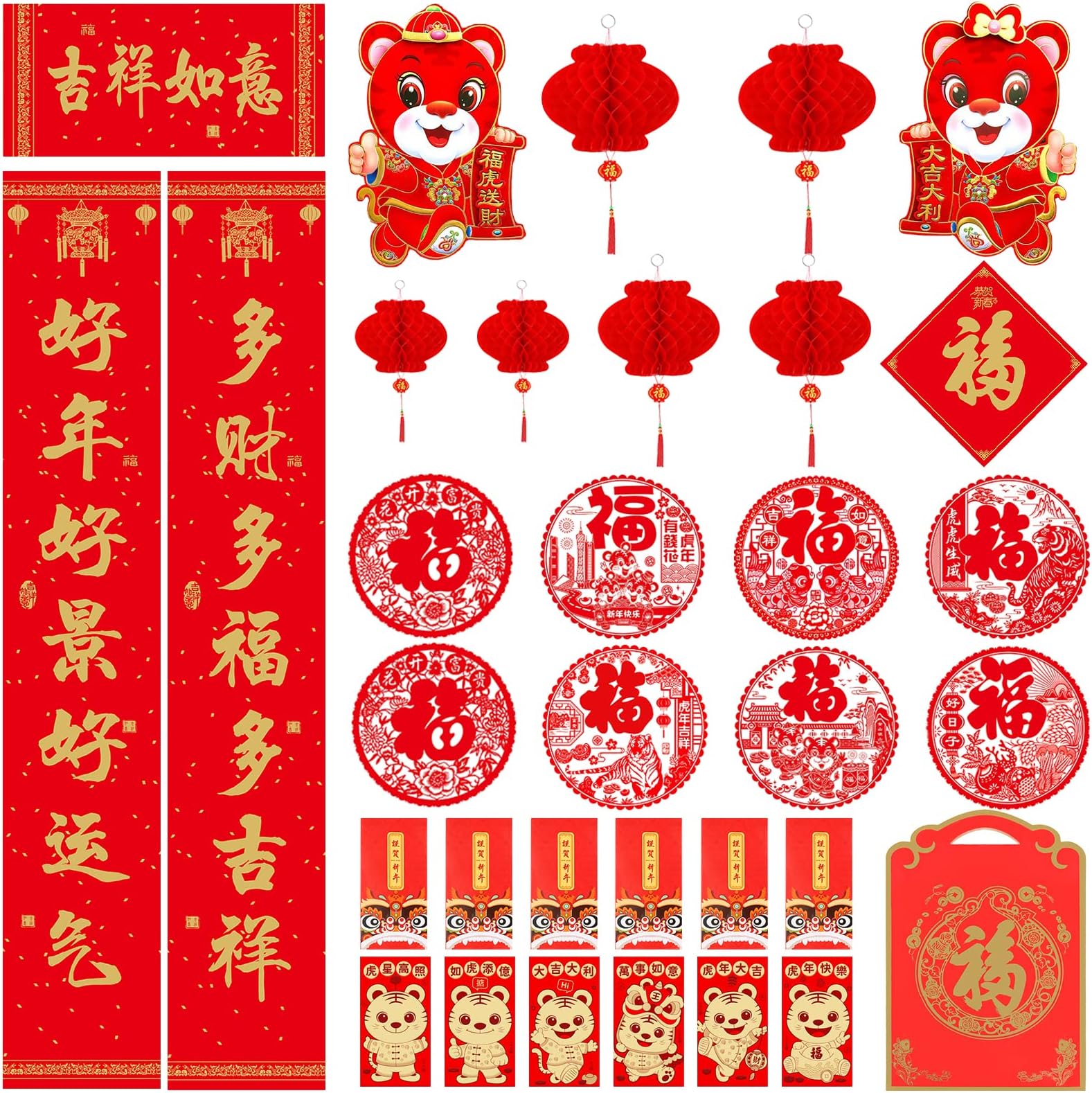 LeeLoon51Pcs Chinese New Year Decorations, Chinese Couplets Chunlian Lucky Hanging Ornaments Red Envelopes Red Lanterns Fu Character Chinese Spring Window Door Decor for 2024 Spring Festival