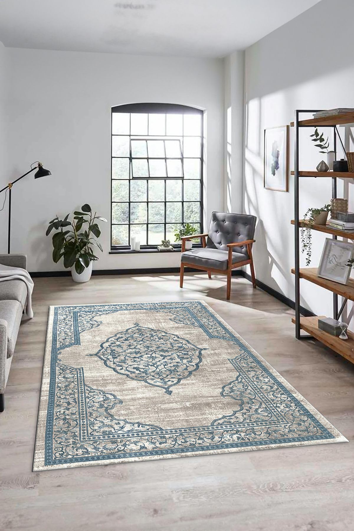 Evdeya Zarif Klasik Desen Dijital Kaymaz Taban Yıkanabilir Yolluk Mutfak Salon Halısı KLASİK-14, Mavi, 100 x 200