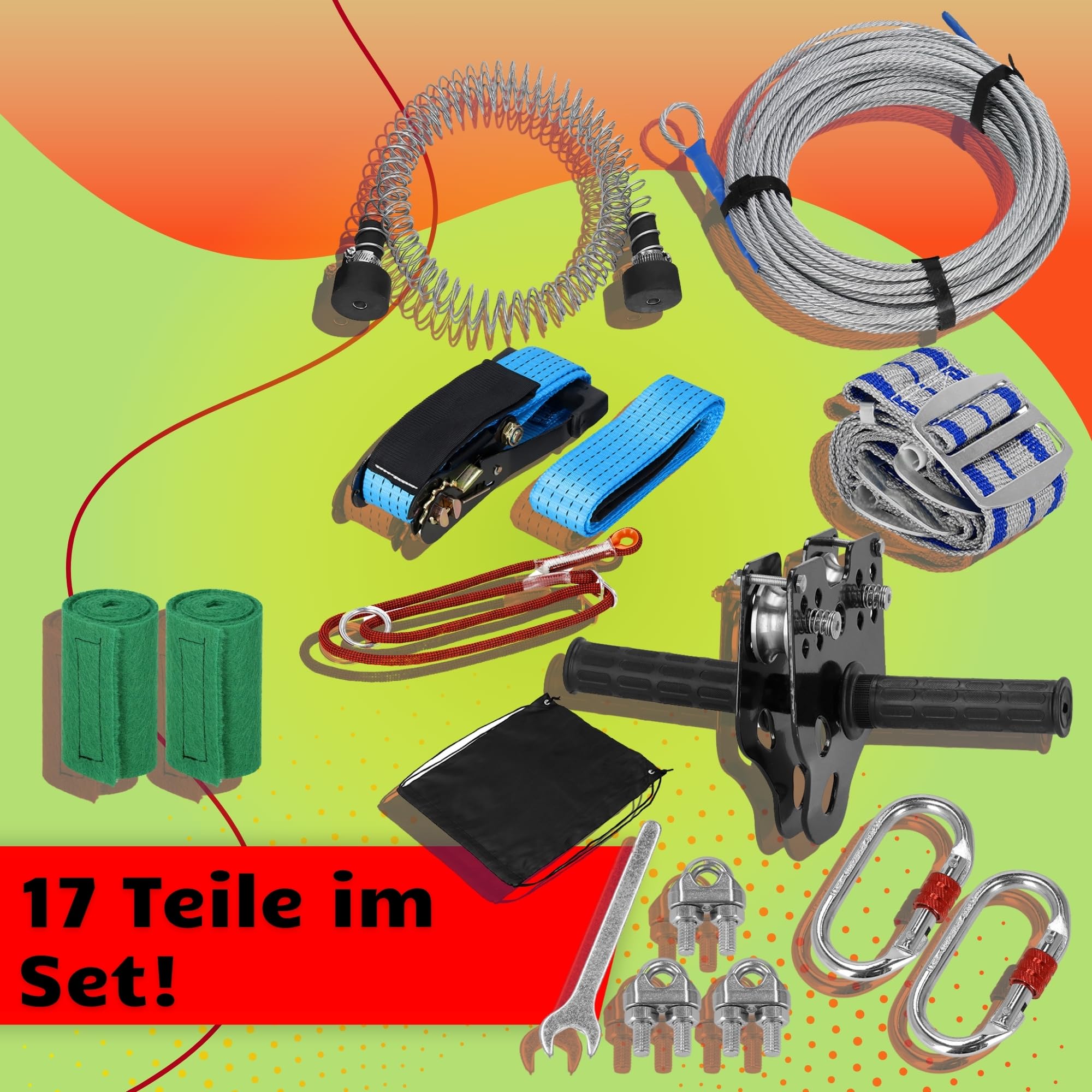 SPRINGOS Seilrutsche 30m für Kinder - Seilbahn Zipleine Set mit Rutschenwagen, Sitz, Sicherheitsbremse & Baumschutz - bis 120 kg - Klettergerät Outdoor
