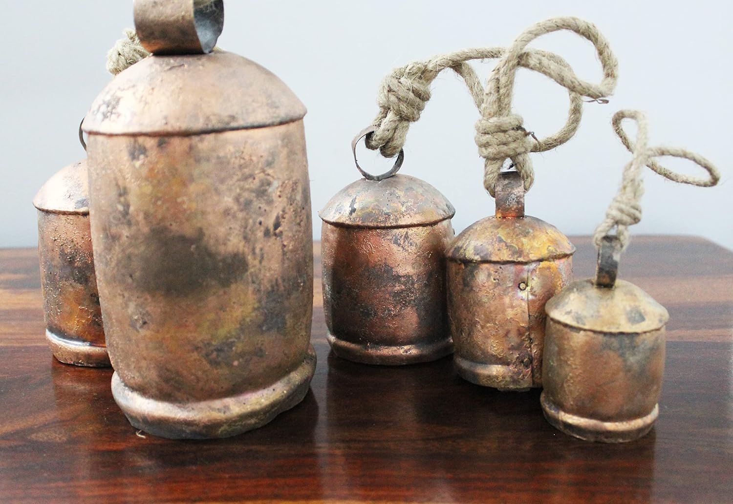 Mango Gifts Set of 5 Harmony Large Rustic Cow Bells on Rope Vintage Chimes Antique Copper Finish