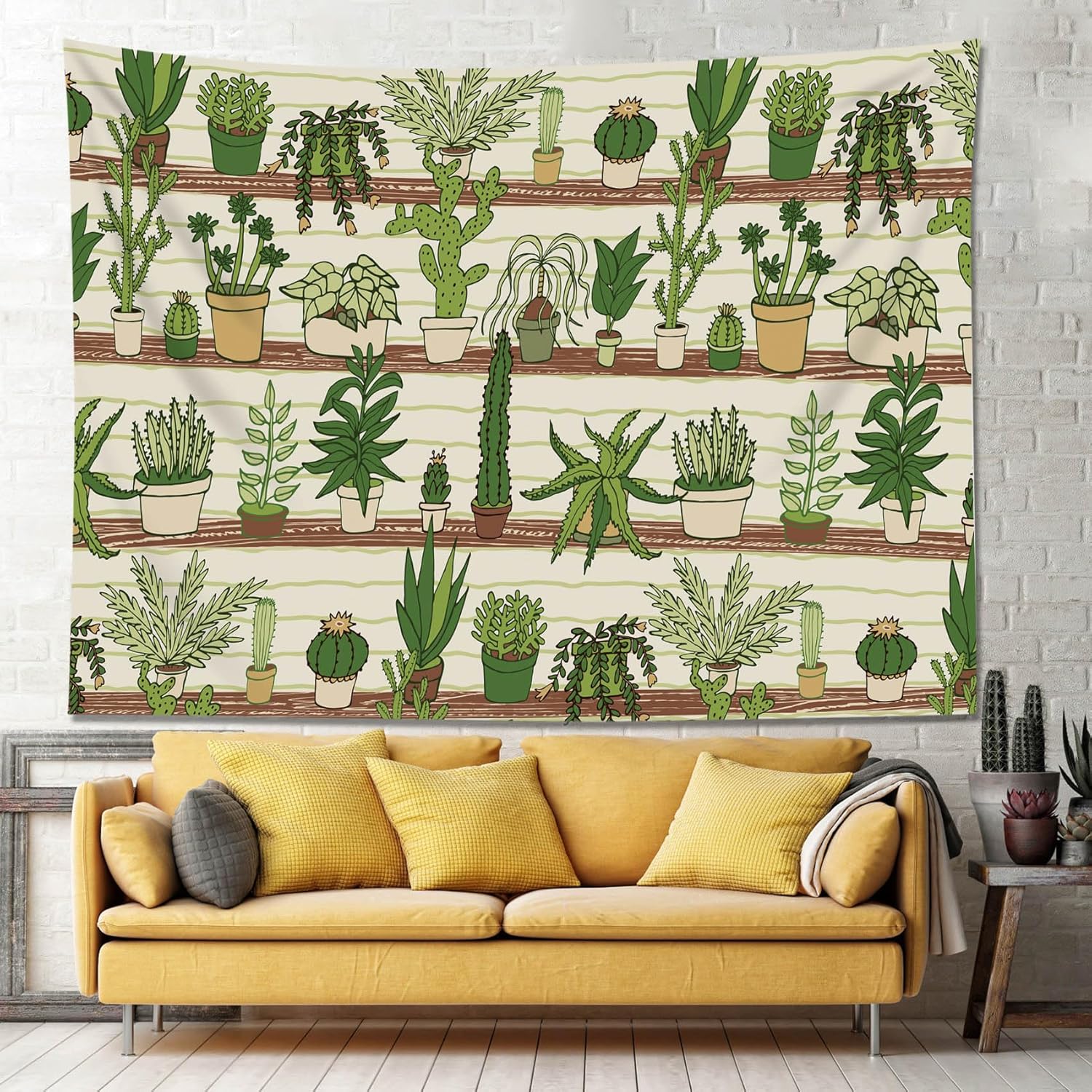 HVEST Cactus Tapestry Tropical Desert Succulent Plants on Wood Shelf Tapestry Wall Hanging Watercolor Botanical Wall Art for Bedroom Living Room Dorm Apartment Decor,92.5W X 70.9H inches