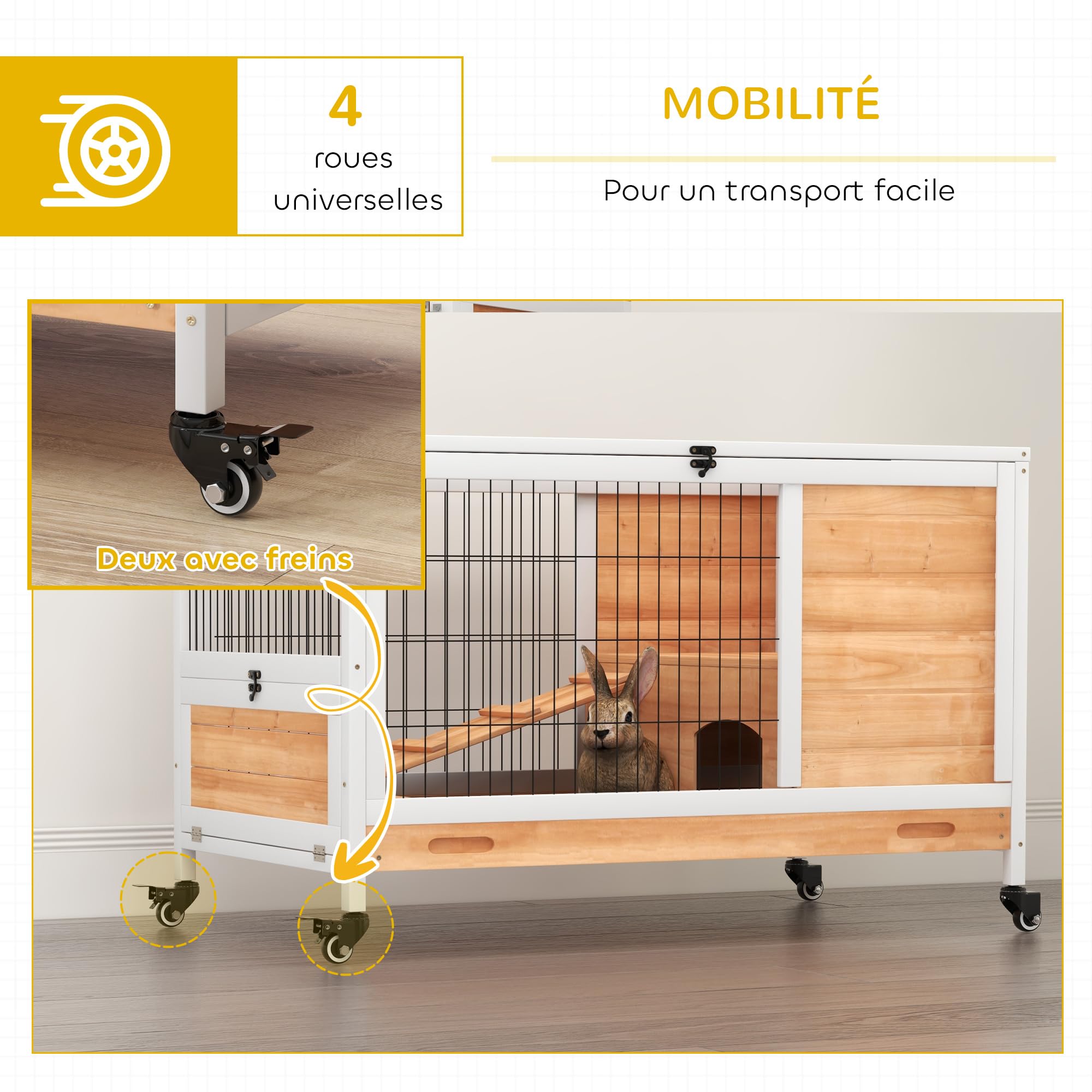 PawHut Clapier Lapin intérieur, Cage Lapin avec Toit ouvrant, roulettes, Plateau Amovible et Rampe, Cage en Bois, 90 x 53 x 59 cm, Jaune et Blanc