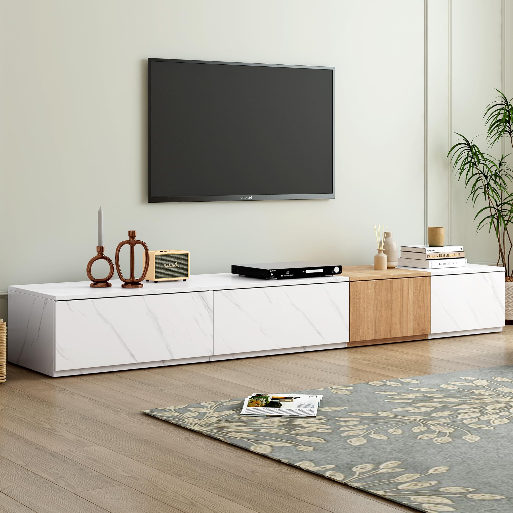 Merax TV Stand with Faux Marble, 4 Storage Drawers and Walnut Wood Grain Finish for Televisions up to 88'', Modern Free-Combination Entertainment