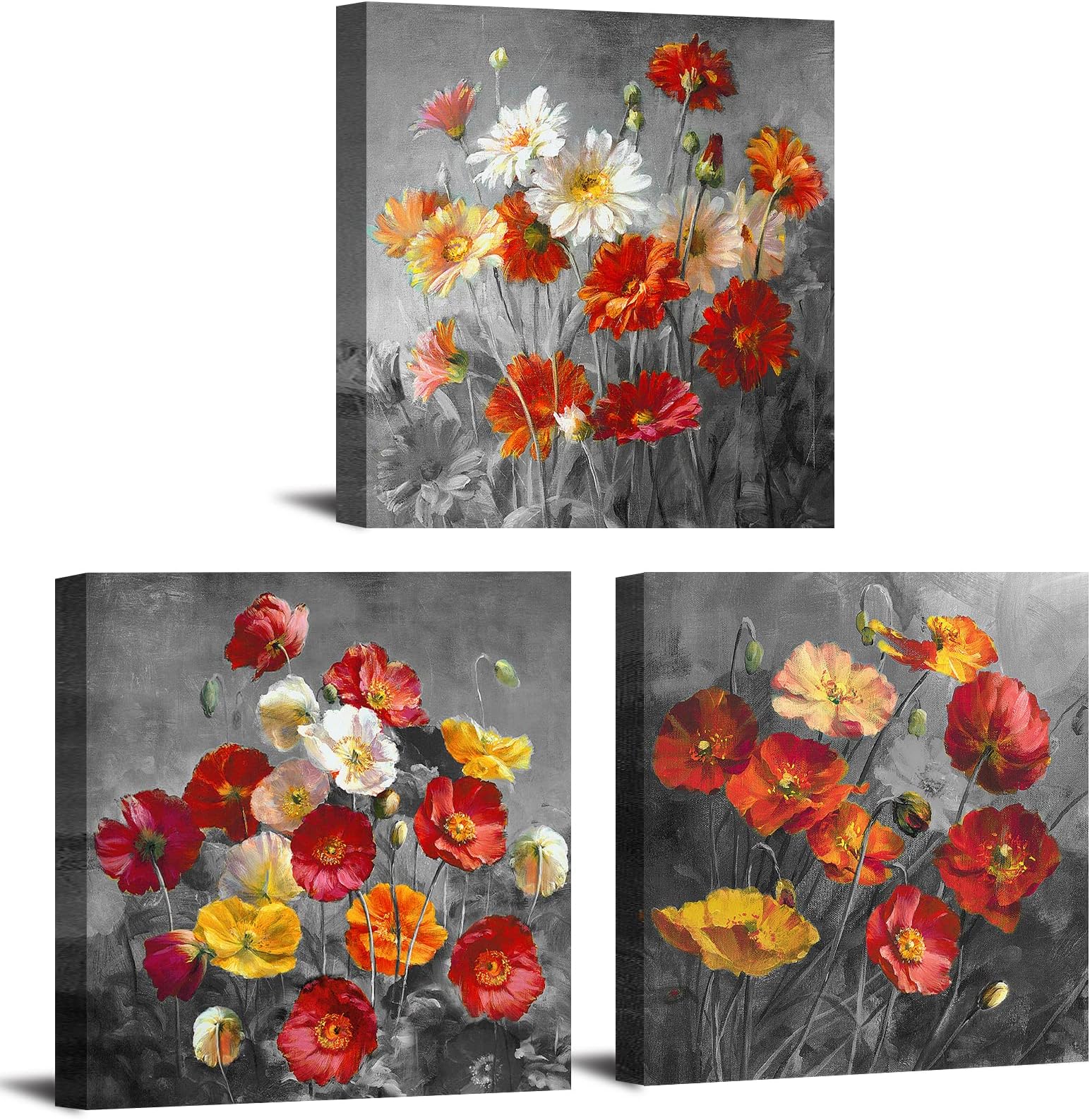 Poppy Flowers Wall Canvas Daisiy Photo Home Decor Red Floral Pictures Painting Modern Artwork Framed Background Art Prints Still Life Photo for Bathroom Bedroom Home Decoration 12x12 Inch x 3 Pcs