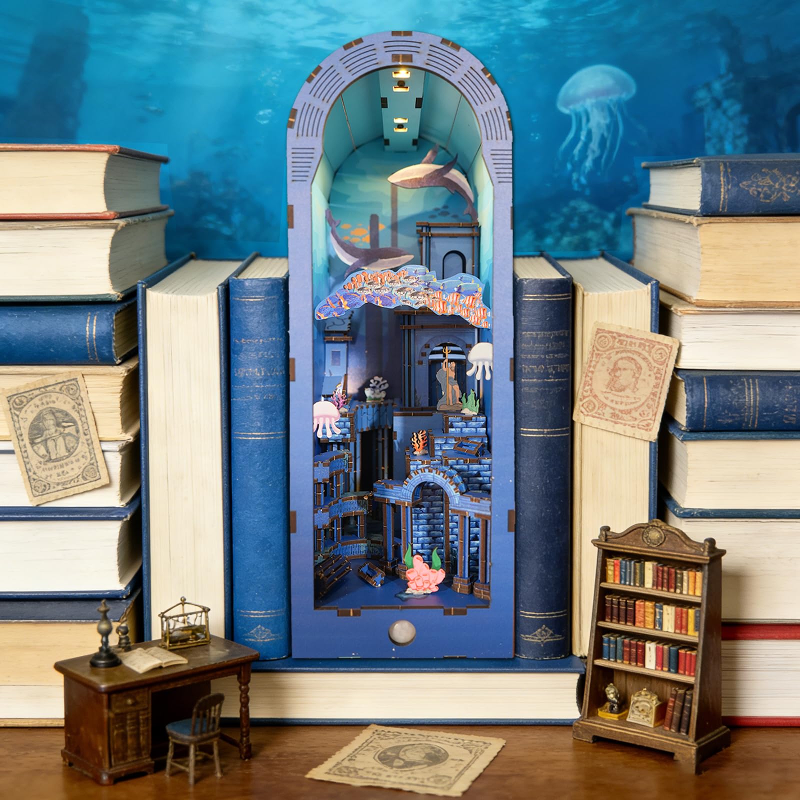 Music Park Kit Book Nook - Puzzle 3D in legno per adulti, città subacquea fai da te Atlantis con luce sensore, puzzle per adulti e kit di modelli in legno per adulti, regalo decorativo per libreria