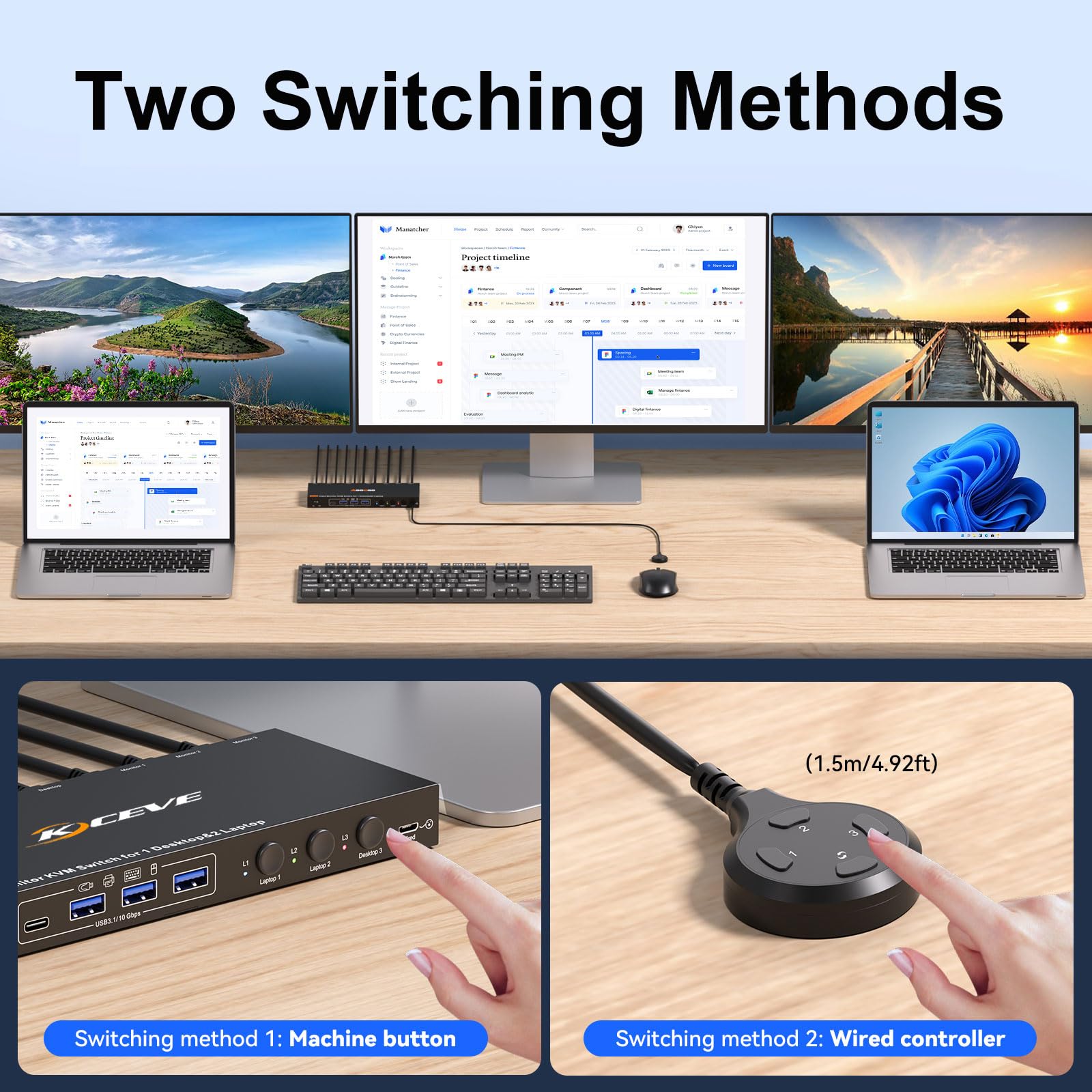 KVM Switch 3 PC 3 Monitor USB C, KVM Switch for 2 Laptops&1 PC